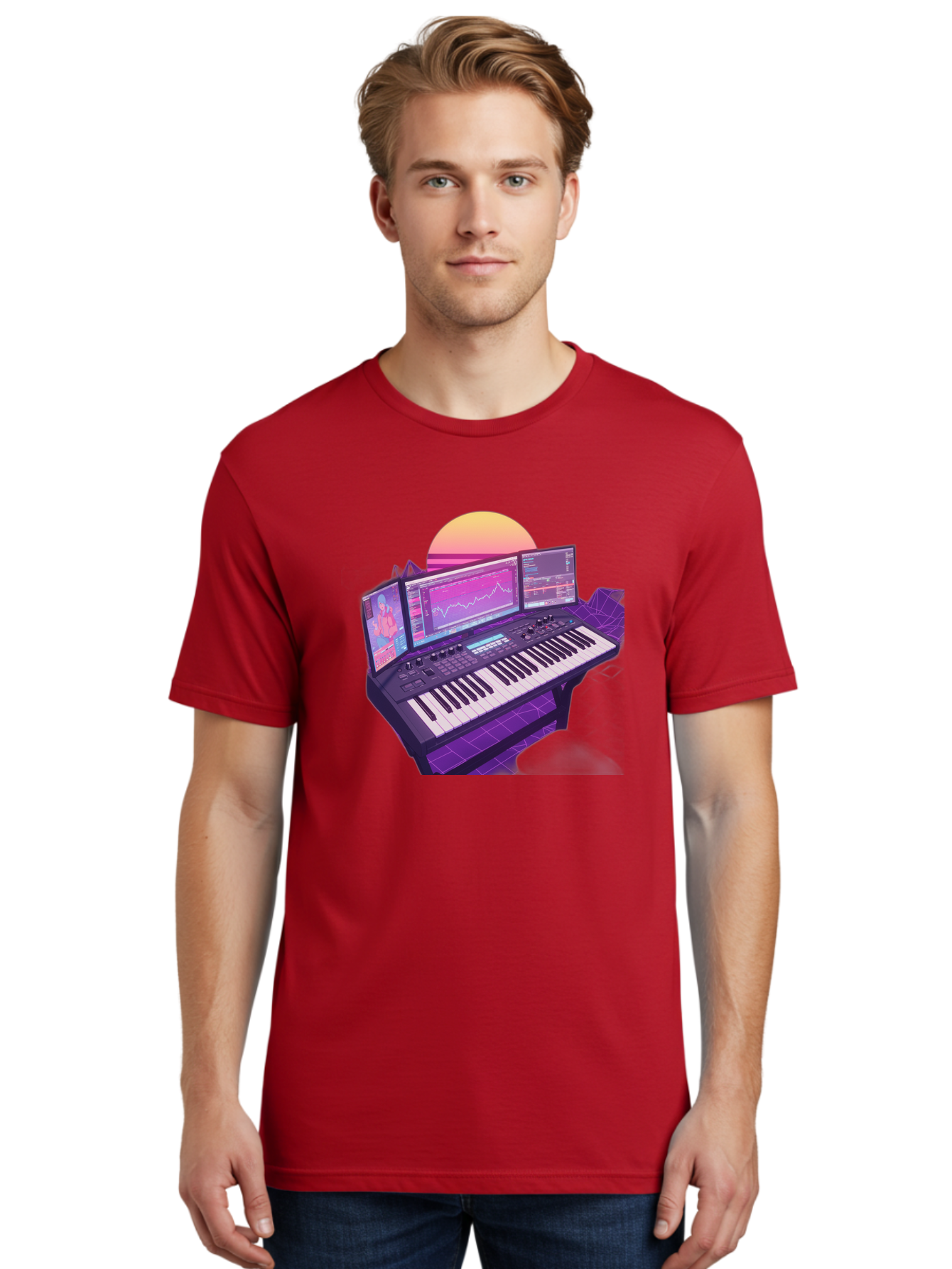 Synthesizer Men'S Graphic Tee, 100% Cotton, Comfortable Casual Summer Wear, Machine Washable, Synthesizer Keyboard, Music Production, Digital Audio Workstation, Sound Design, Electronic Music, Midi Controller, Waveform, Music Technology, Bac509