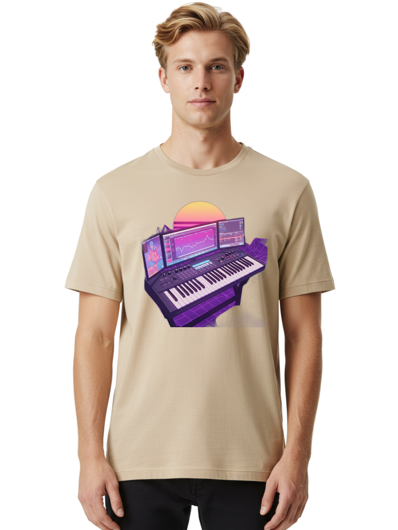 Synthesizer Men'S Graphic Tee, 100% Cotton, Comfortable Casual Summer Wear, Machine Washable, Synthesizer Keyboard, Music Production, Digital Audio Workstation, Sound Design, Electronic Music, Midi Controller, Waveform, Music Technology, Bac509