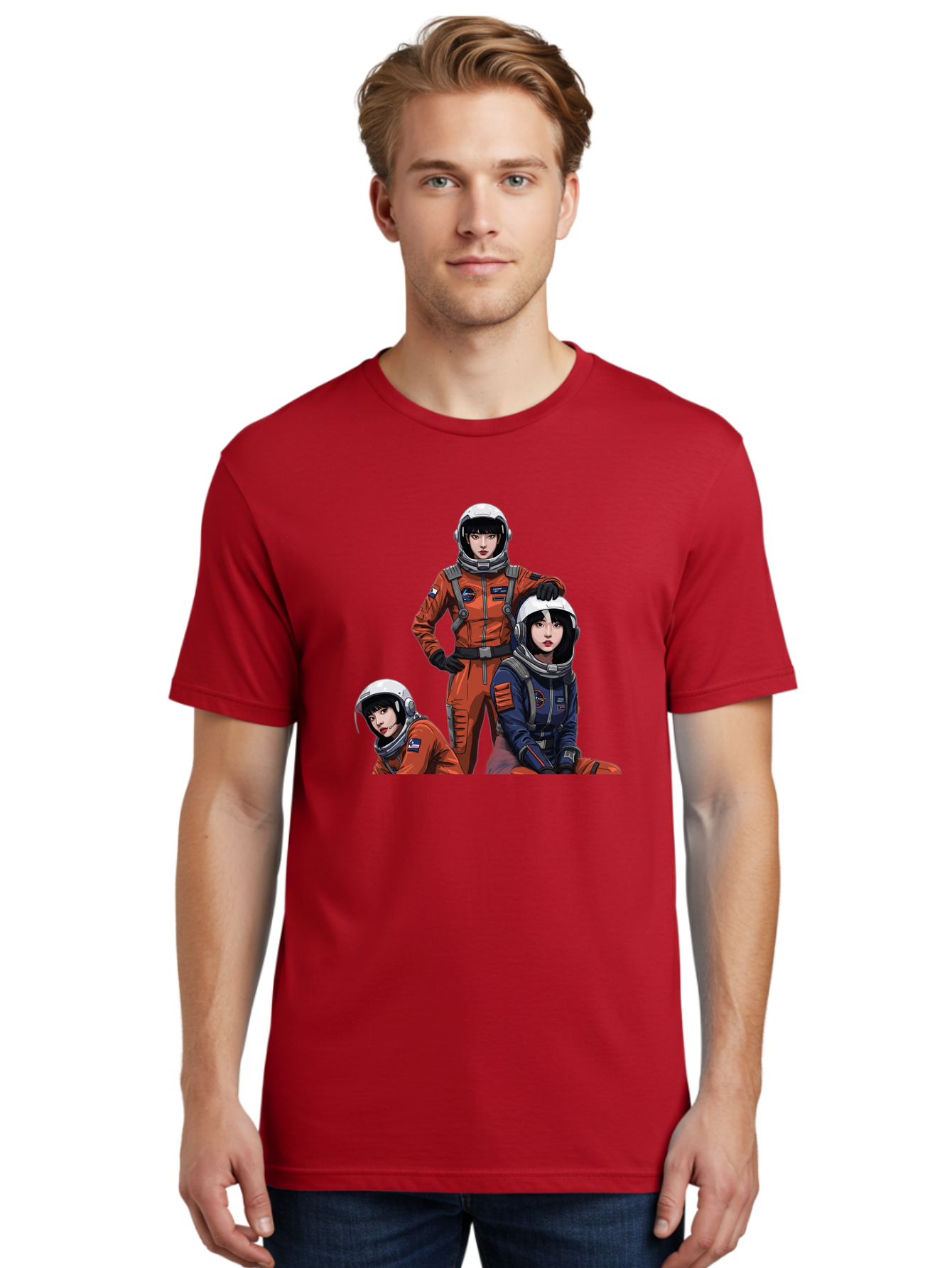 Three-Astronauts Men'S Graphic Tee, 100% Cotton, Comfortable Casual Summer Wear, Machine Washable, Astronauts In Space Suits, Orange And Blue Jumpsuits, Space Mission, Helmet And Gloves, Futuristic Design, Team Of Explorers, Space Travel Bac511