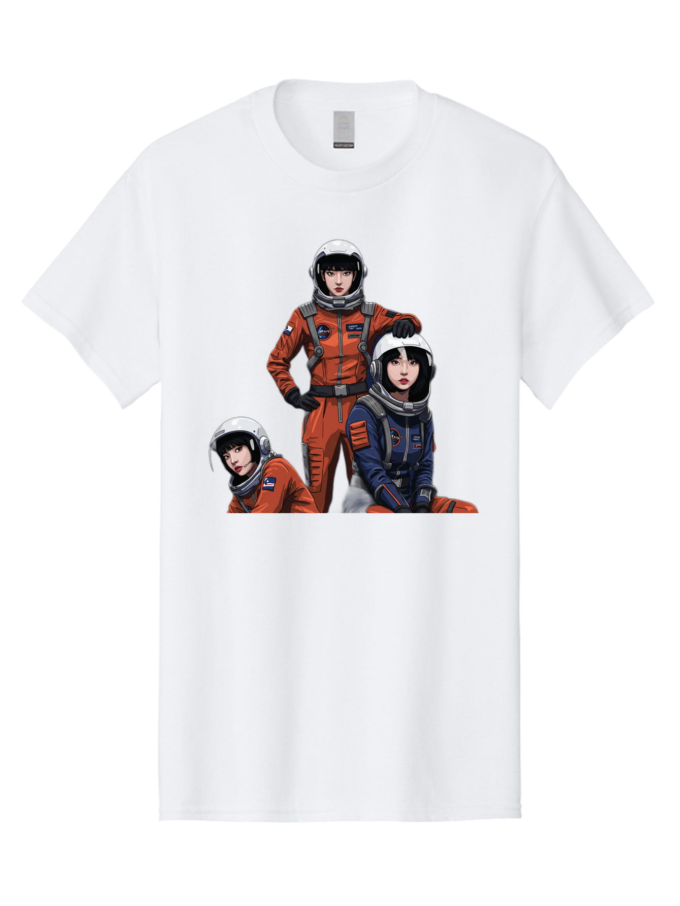 Three-Astronauts Men'S Graphic Tee, 100% Cotton, Comfortable Casual Summer Wear, Machine Washable, Astronauts In Space Suits, Orange And Blue Jumpsuits, Space Mission, Helmet And Gloves, Futuristic Design, Team Of Explorers, Space Travel Bac511