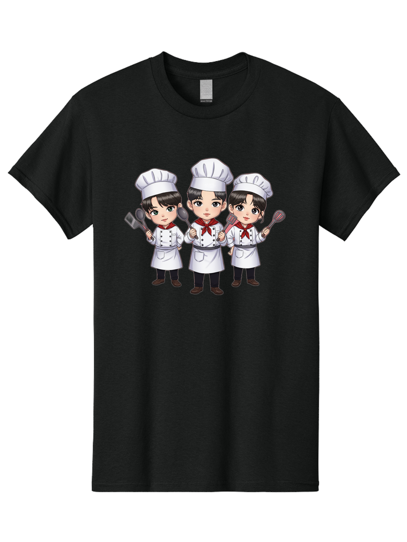 Three-Cartoon-Chefs Men'S Graphic Tee, 100% Cotton, Comfortable Casual Summer Wear, Machine Washable, Cartoon Chefs, Cooking Utensils, Kitchen Staff, Chef Hats, White Coats, Red Neckerchiefs, Cooking Tools, Ladle, Spatula, Whisk Bac512