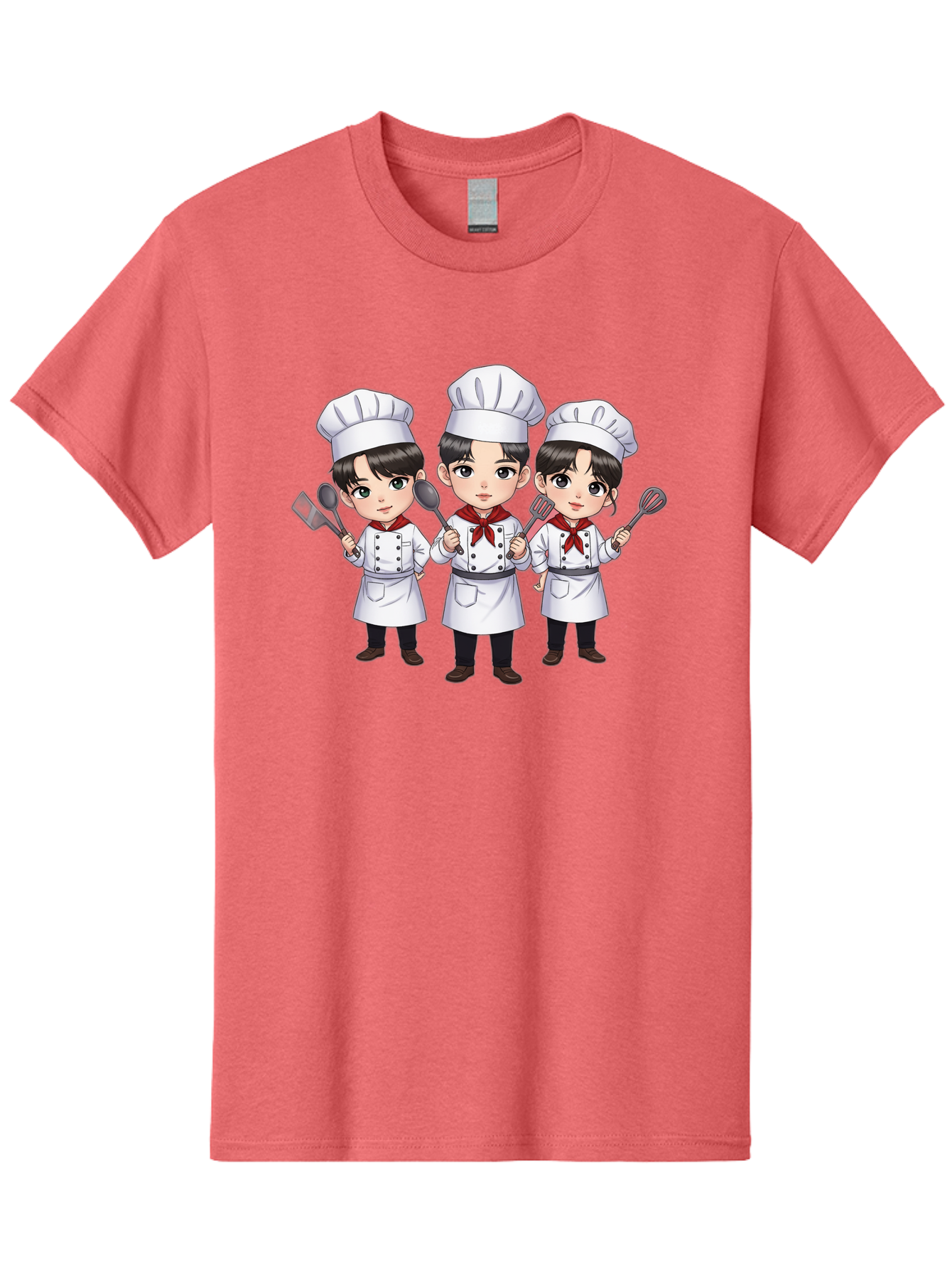 Three-Cartoon-Chefs Men'S Graphic Tee, 100% Cotton, Comfortable Casual Summer Wear, Machine Washable, Cartoon Chefs, Cooking Utensils, Kitchen Staff, Chef Hats, White Coats, Red Neckerchiefs, Cooking Tools, Ladle, Spatula, Whisk Bac512