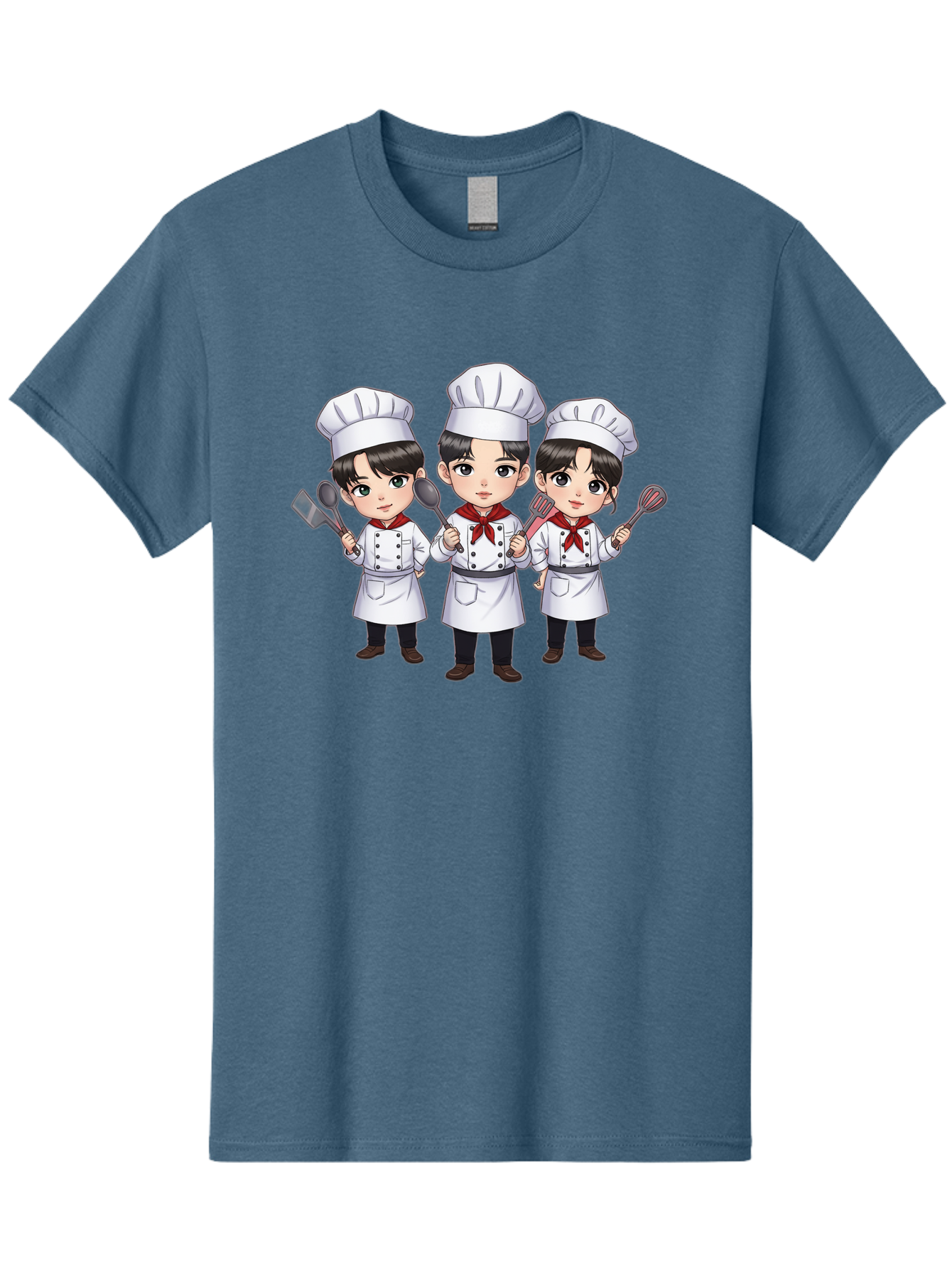 Three-Cartoon-Chefs Men'S Graphic Tee, 100% Cotton, Comfortable Casual Summer Wear, Machine Washable, Cartoon Chefs, Cooking Utensils, Kitchen Staff, Chef Hats, White Coats, Red Neckerchiefs, Cooking Tools, Ladle, Spatula, Whisk Bac512
