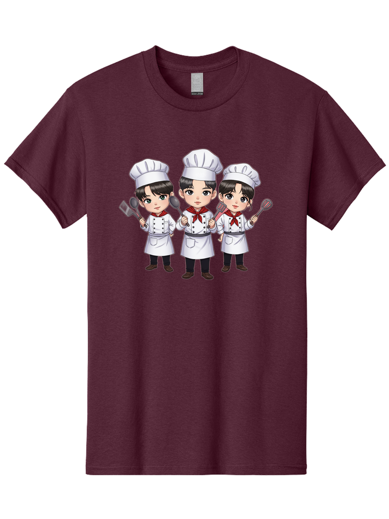 Three-Cartoon-Chefs Men'S Graphic Tee, 100% Cotton, Comfortable Casual Summer Wear, Machine Washable, Cartoon Chefs, Cooking Utensils, Kitchen Staff, Chef Hats, White Coats, Red Neckerchiefs, Cooking Tools, Ladle, Spatula, Whisk Bac512
