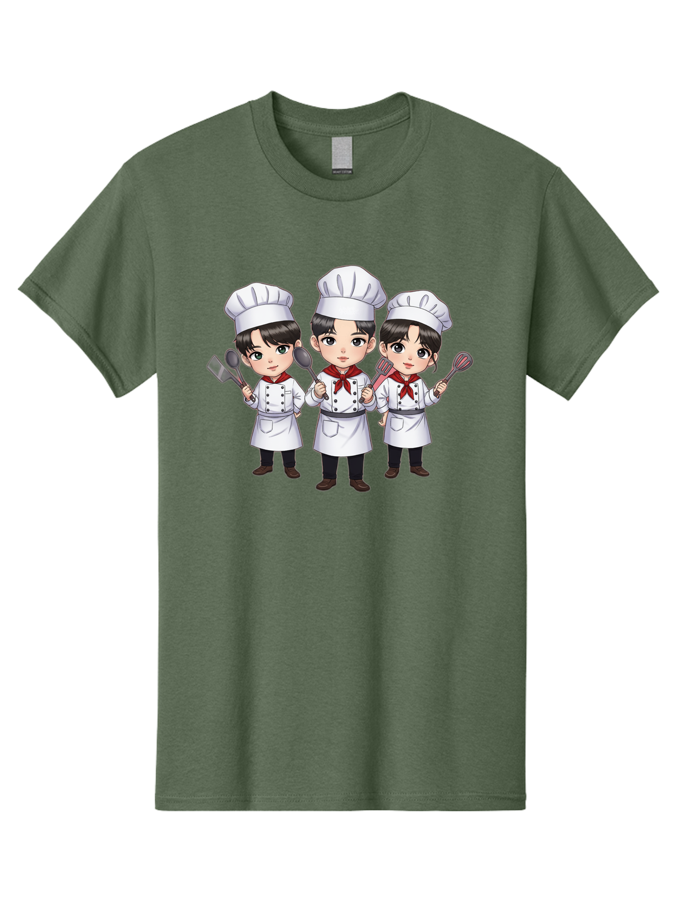 Three-Cartoon-Chefs Men'S Graphic Tee, 100% Cotton, Comfortable Casual Summer Wear, Machine Washable, Cartoon Chefs, Cooking Utensils, Kitchen Staff, Chef Hats, White Coats, Red Neckerchiefs, Cooking Tools, Ladle, Spatula, Whisk Bac512