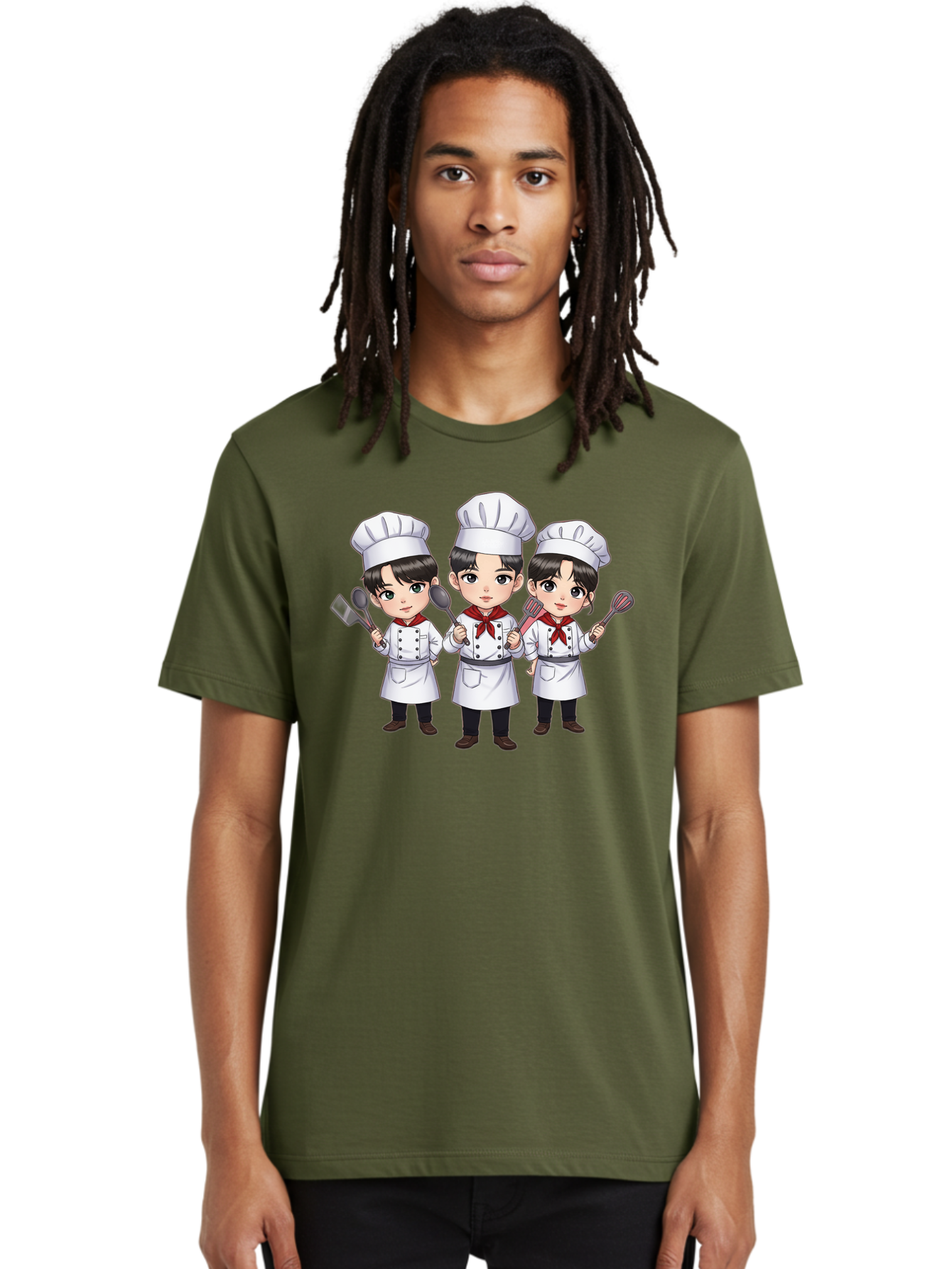 Three-Cartoon-Chefs Men'S Graphic Tee, 100% Cotton, Comfortable Casual Summer Wear, Machine Washable, Cartoon Chefs, Cooking Utensils, Kitchen Staff, Chef Hats, White Coats, Red Neckerchiefs, Cooking Tools, Ladle, Spatula, Whisk Bac512