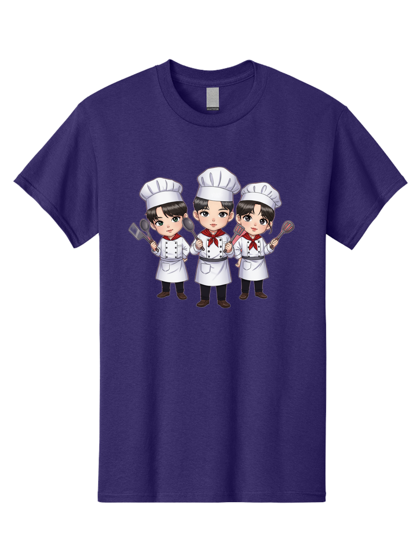 Three-Cartoon-Chefs Men'S Graphic Tee, 100% Cotton, Comfortable Casual Summer Wear, Machine Washable, Cartoon Chefs, Cooking Utensils, Kitchen Staff, Chef Hats, White Coats, Red Neckerchiefs, Cooking Tools, Ladle, Spatula, Whisk Bac512