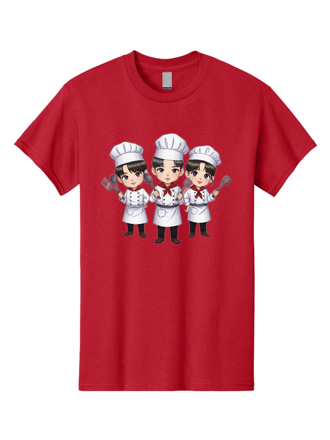 Three-Cartoon-Chefs Men'S Graphic Tee, 100% Cotton, Comfortable Casual Summer Wear, Machine Washable, Cartoon Chefs, Cooking Utensils, Kitchen Staff, Chef Hats, White Coats, Red Neckerchiefs, Cooking Tools, Ladle, Spatula, Whisk Bac512