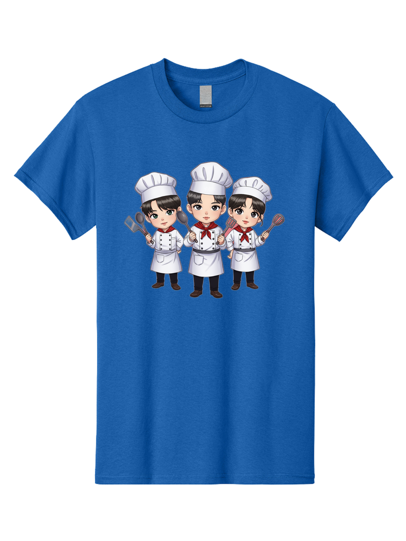 Three-Cartoon-Chefs Men'S Graphic Tee, 100% Cotton, Comfortable Casual Summer Wear, Machine Washable, Cartoon Chefs, Cooking Utensils, Kitchen Staff, Chef Hats, White Coats, Red Neckerchiefs, Cooking Tools, Ladle, Spatula, Whisk Bac512