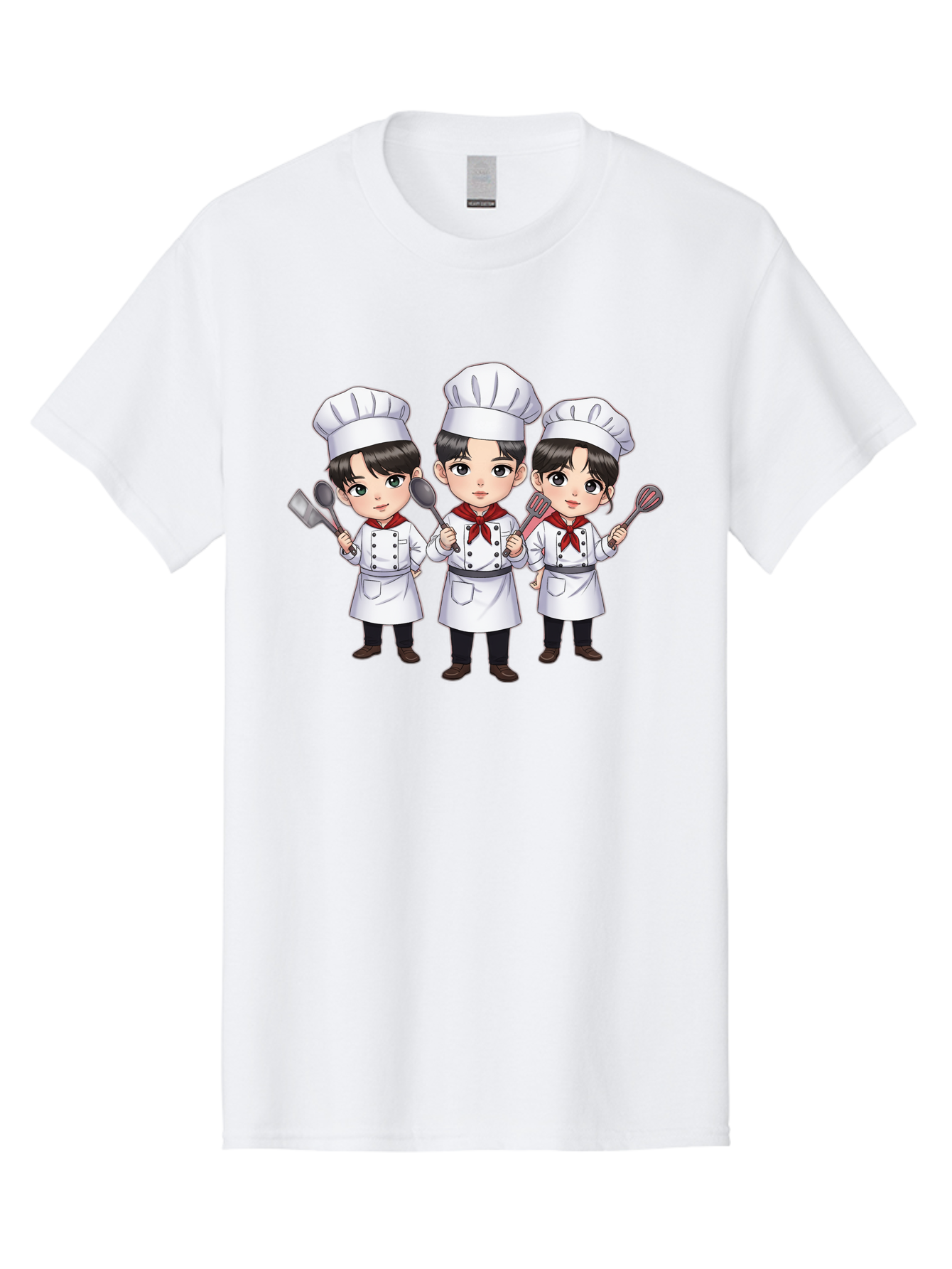 Three-Cartoon-Chefs Men'S Graphic Tee, 100% Cotton, Comfortable Casual Summer Wear, Machine Washable, Cartoon Chefs, Cooking Utensils, Kitchen Staff, Chef Hats, White Coats, Red Neckerchiefs, Cooking Tools, Ladle, Spatula, Whisk Bac512
