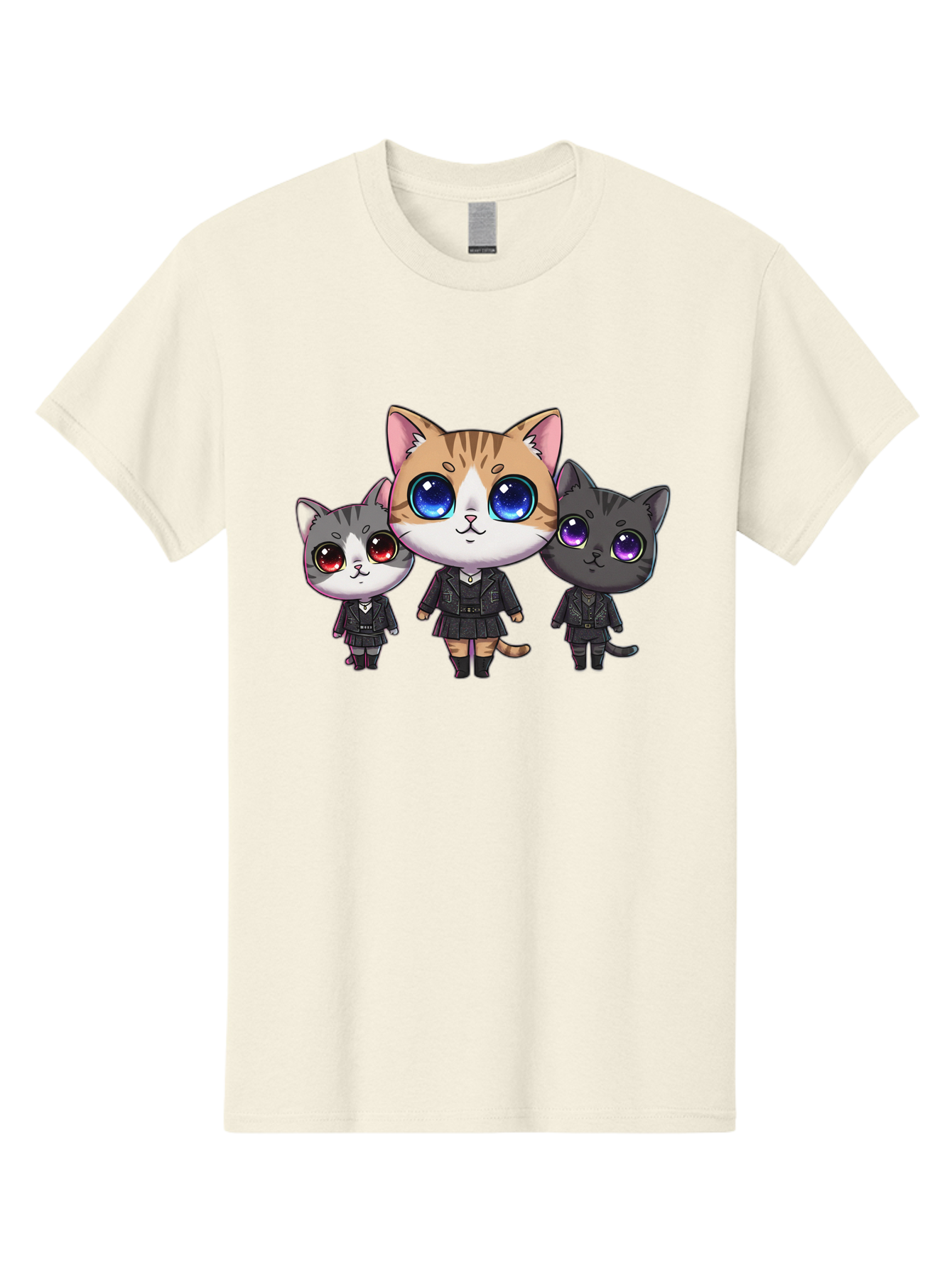 Three-Cats Men'S Graphic Tee, 100% Cotton, Comfortable Casual Summer Wear, Machine Washable, Cartoon Cats, Anime Style, Cute Cats, Kawaii Art, Cat Trio, Cartoon Characters, Stylized Cats, Large Eyes, Dressed Cats, Feline Friends, Digital Art, Bac513