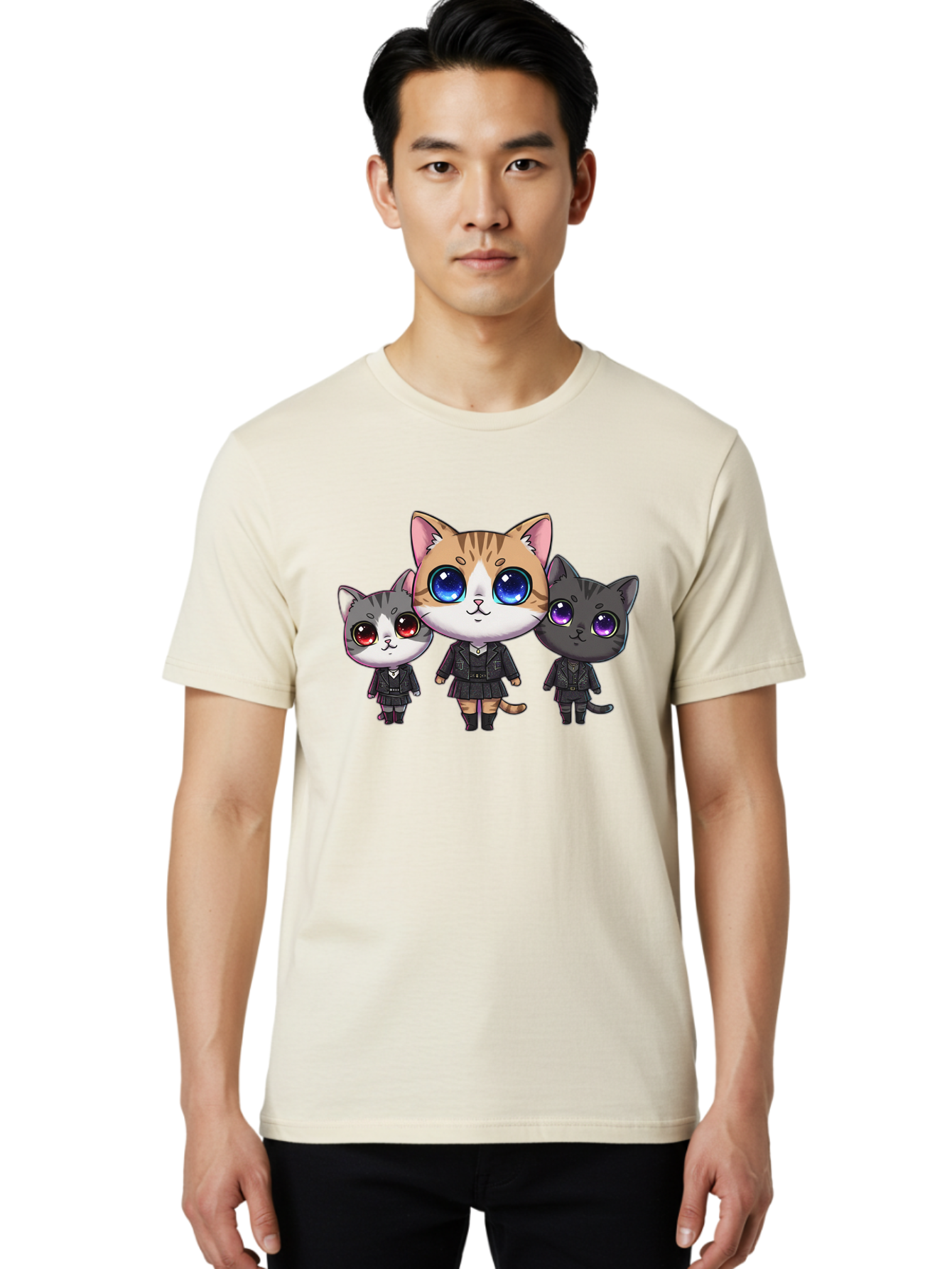 Three-Cats Men'S Graphic Tee, 100% Cotton, Comfortable Casual Summer Wear, Machine Washable, Cartoon Cats, Anime Style, Cute Cats, Kawaii Art, Cat Trio, Cartoon Characters, Stylized Cats, Large Eyes, Dressed Cats, Feline Friends, Digital Art, Bac513
