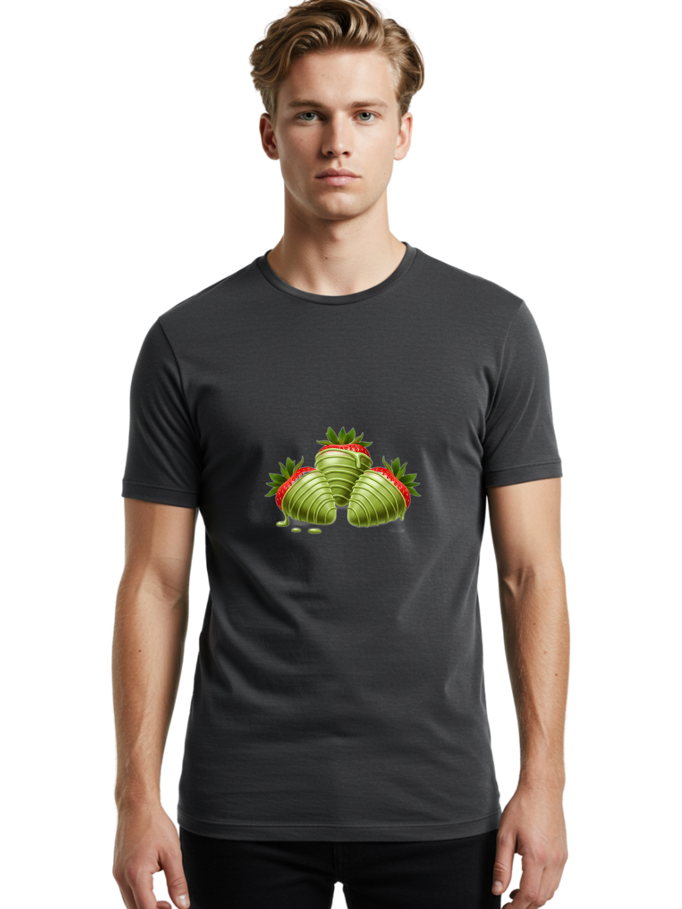 Three-Chocolate-Dipped-Strawberries Men'S Graphic Tee, 100% Cotton, Comfortable Casual Summer Wear, Machine Washable, Chocolate Covered Strawberries, Strawberries Dipped In Chocolate, Dessert, Sweet Treats, Indulgent Snacks, Summer Treats, Bac514