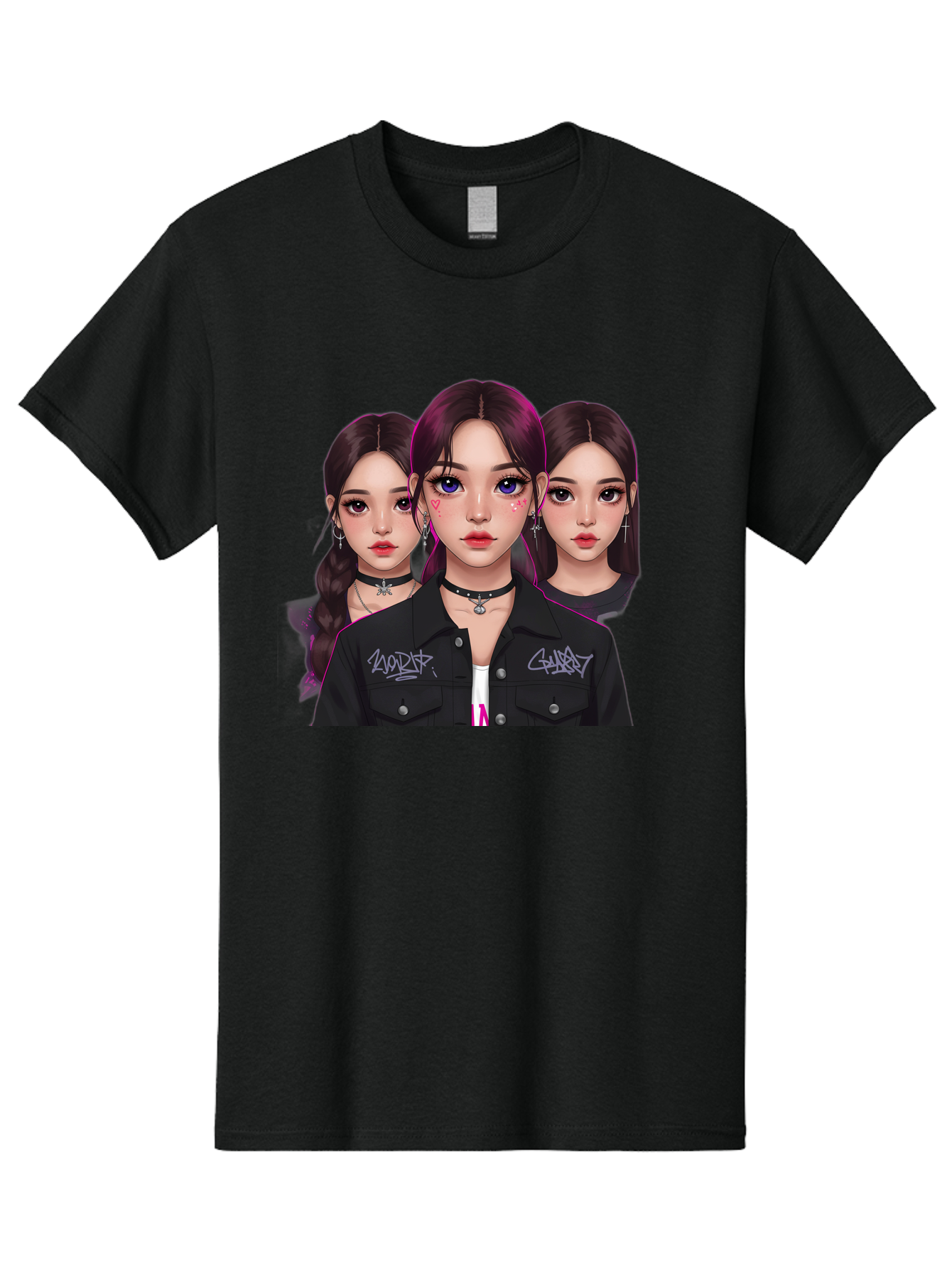 Three-Faced-Woman-Portrait Men'S Graphic Tee, 100% Cotton, Comfortable Casual Summer Wear, Machine Washable, K-Pop Idols, Fashion Style, Edgy Look, Dark Hair, Bold Makeup, Choker Necklaces, Graffiti Jacket, Girl Power, Korean Pop Culture Bac515