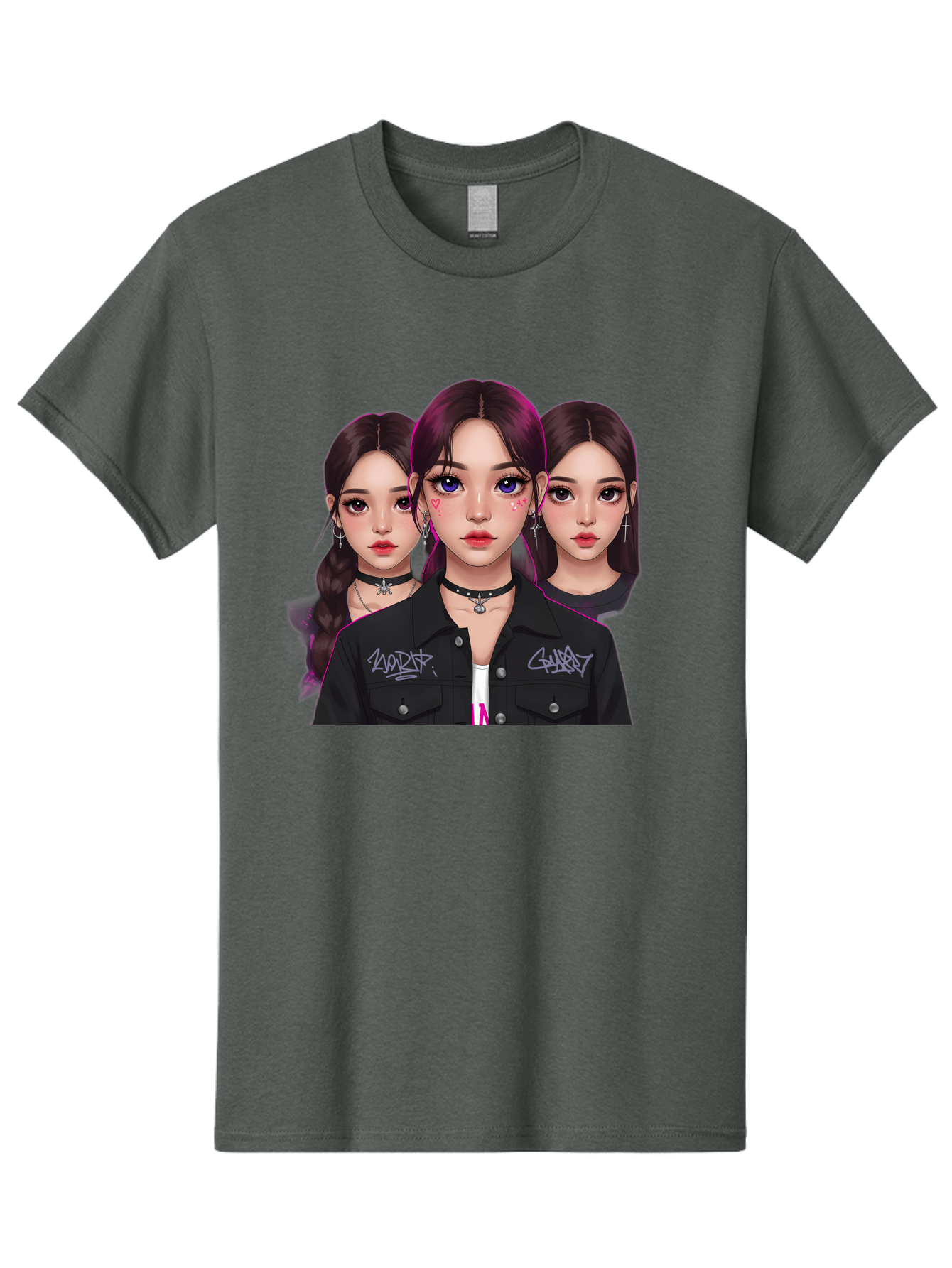 Three-Faced-Woman-Portrait Men'S Graphic Tee, 100% Cotton, Comfortable Casual Summer Wear, Machine Washable, K-Pop Idols, Fashion Style, Edgy Look, Dark Hair, Bold Makeup, Choker Necklaces, Graffiti Jacket, Girl Power, Korean Pop Culture Bac515