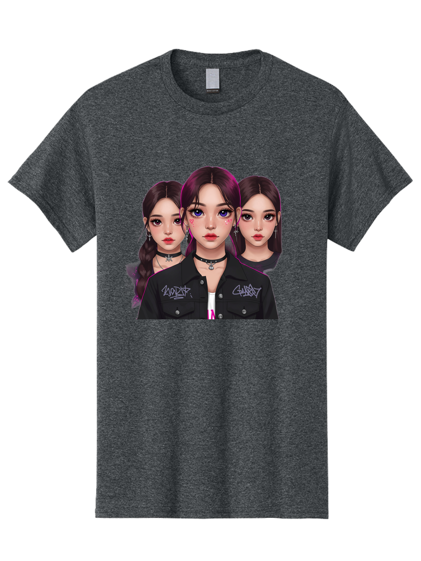 Three-Faced-Woman-Portrait Men'S Graphic Tee, 100% Cotton, Comfortable Casual Summer Wear, Machine Washable, K-Pop Idols, Fashion Style, Edgy Look, Dark Hair, Bold Makeup, Choker Necklaces, Graffiti Jacket, Girl Power, Korean Pop Culture Bac515