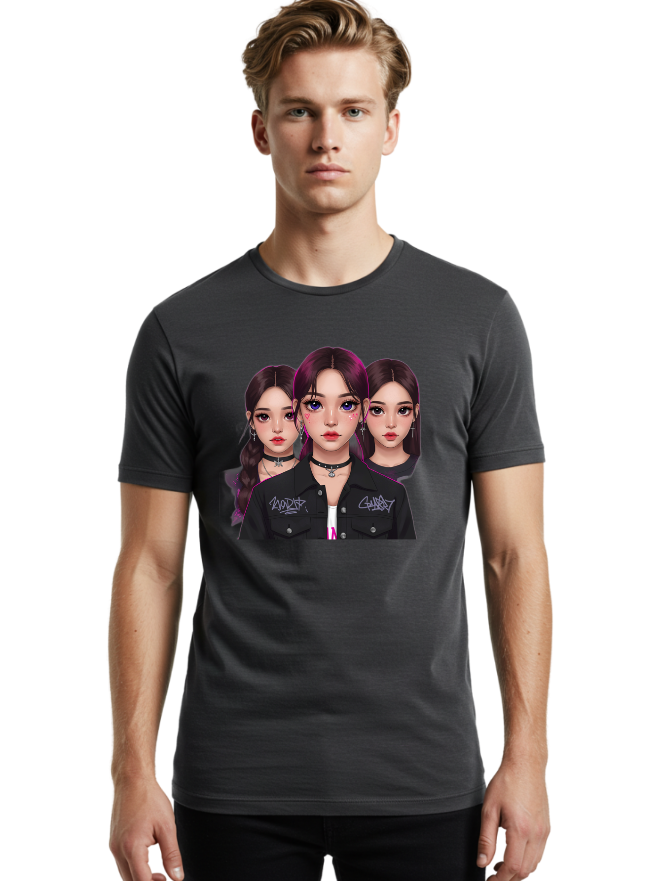 Three-Faced-Woman-Portrait Men'S Graphic Tee, 100% Cotton, Comfortable Casual Summer Wear, Machine Washable, K-Pop Idols, Fashion Style, Edgy Look, Dark Hair, Bold Makeup, Choker Necklaces, Graffiti Jacket, Girl Power, Korean Pop Culture Bac515