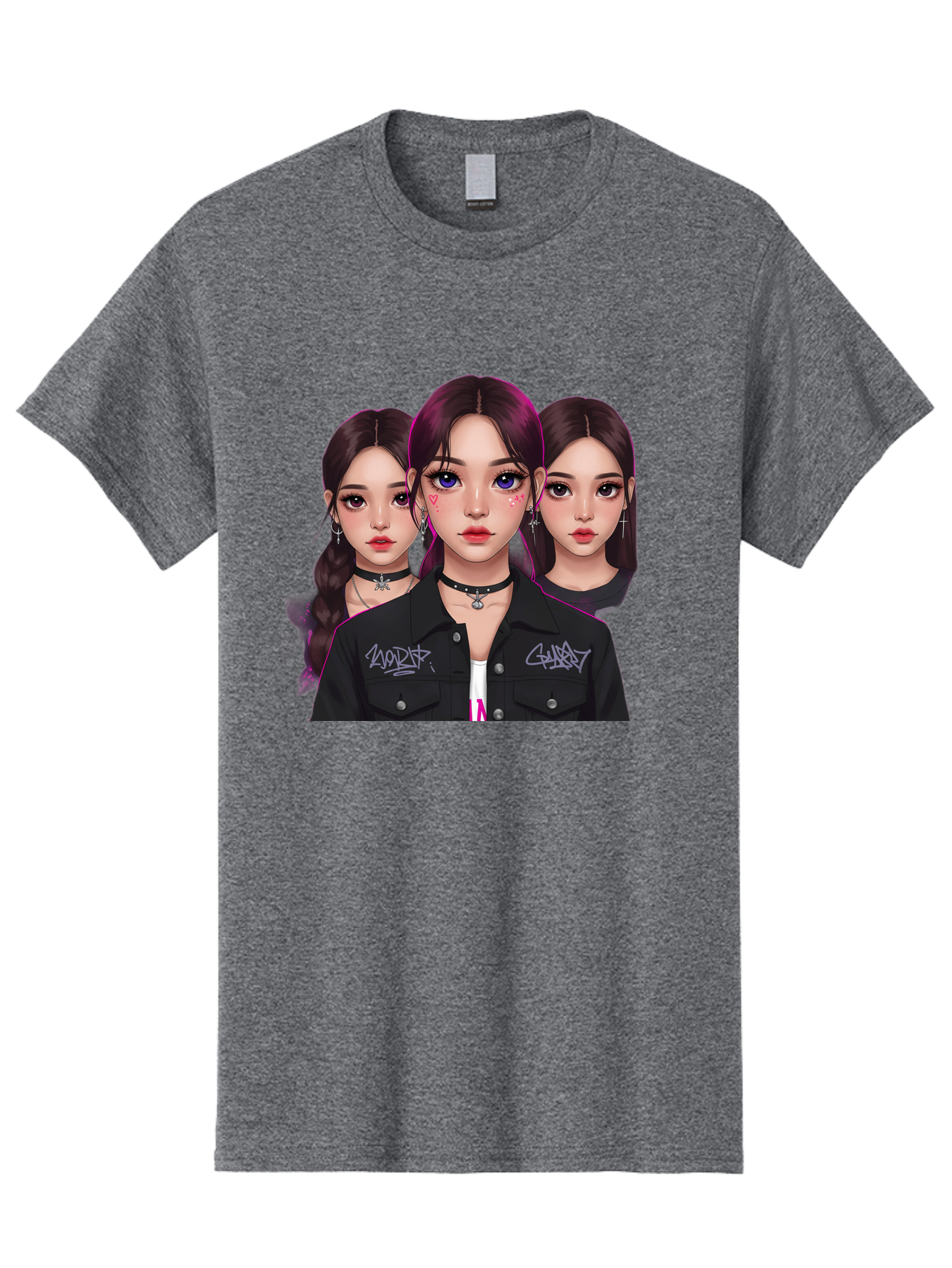 Three-Faced-Woman-Portrait Men'S Graphic Tee, 100% Cotton, Comfortable Casual Summer Wear, Machine Washable, K-Pop Idols, Fashion Style, Edgy Look, Dark Hair, Bold Makeup, Choker Necklaces, Graffiti Jacket, Girl Power, Korean Pop Culture Bac515