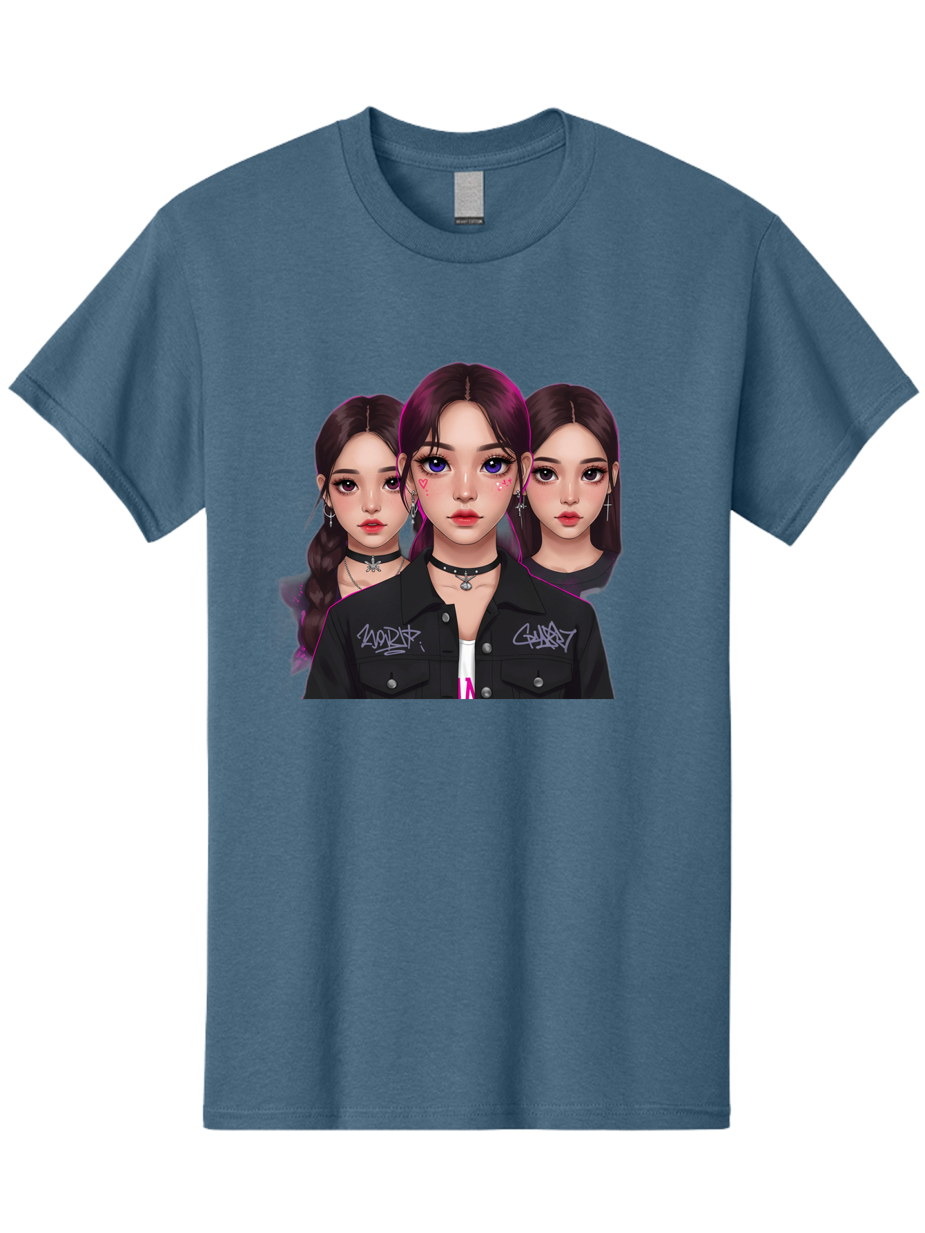 Three-Faced-Woman-Portrait Men'S Graphic Tee, 100% Cotton, Comfortable Casual Summer Wear, Machine Washable, K-Pop Idols, Fashion Style, Edgy Look, Dark Hair, Bold Makeup, Choker Necklaces, Graffiti Jacket, Girl Power, Korean Pop Culture Bac515