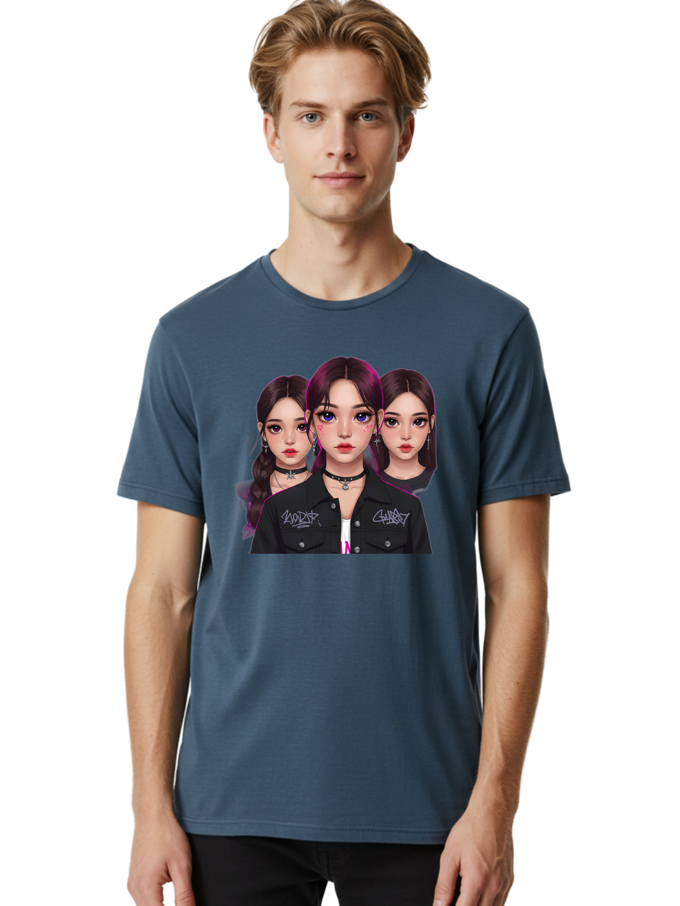 Three-Faced-Woman-Portrait Men'S Graphic Tee, 100% Cotton, Comfortable Casual Summer Wear, Machine Washable, K-Pop Idols, Fashion Style, Edgy Look, Dark Hair, Bold Makeup, Choker Necklaces, Graffiti Jacket, Girl Power, Korean Pop Culture Bac515