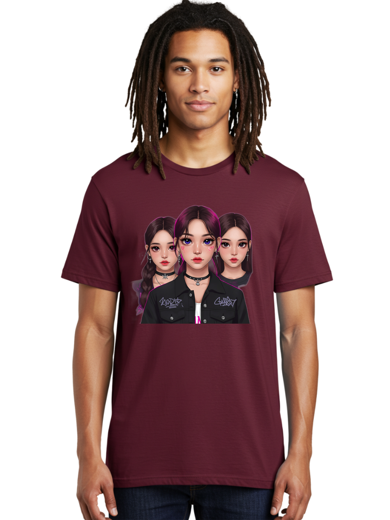 Three-Faced-Woman-Portrait Men'S Graphic Tee, 100% Cotton, Comfortable Casual Summer Wear, Machine Washable, K-Pop Idols, Fashion Style, Edgy Look, Dark Hair, Bold Makeup, Choker Necklaces, Graffiti Jacket, Girl Power, Korean Pop Culture Bac515