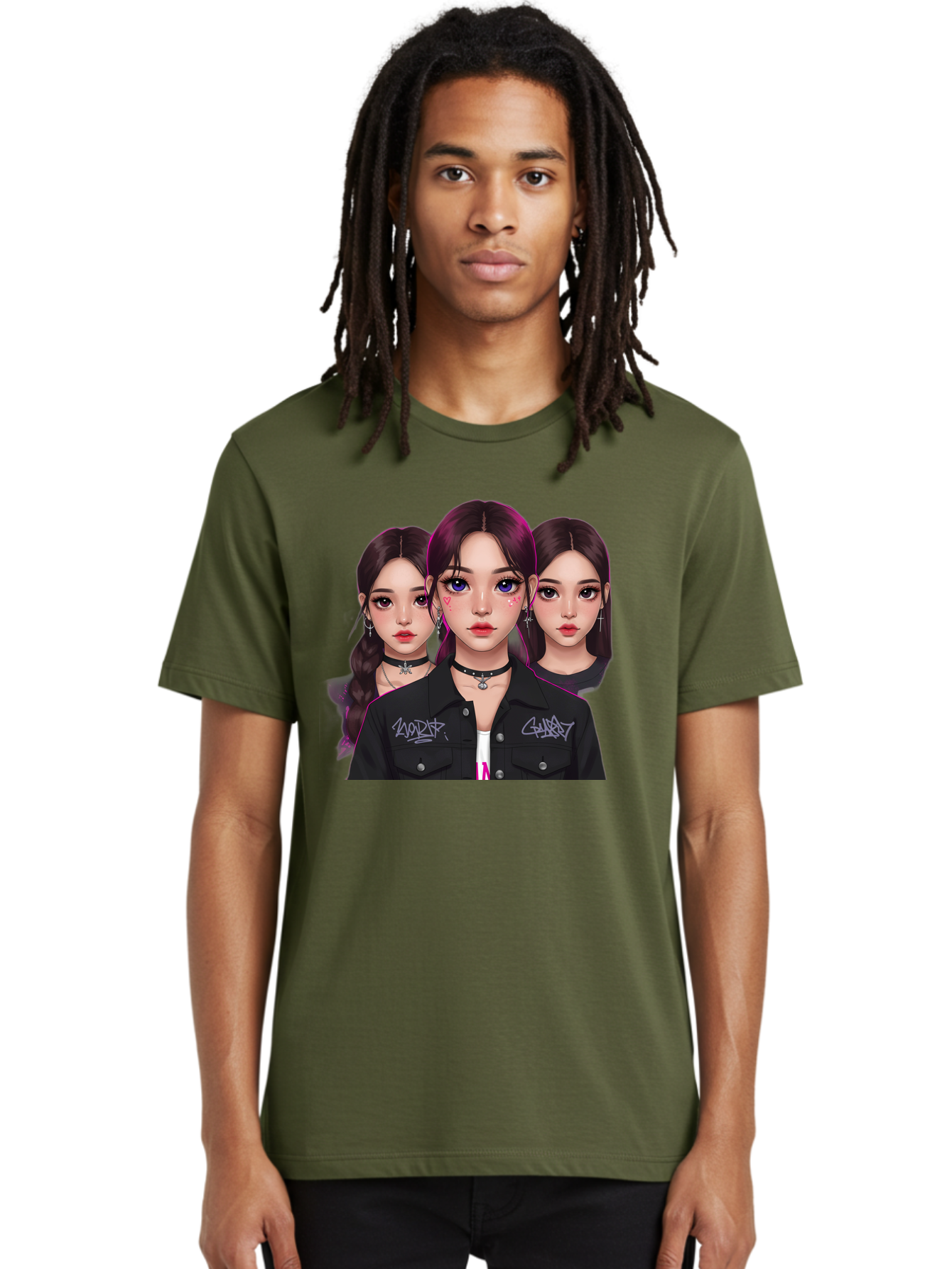 Three-Faced-Woman-Portrait Men'S Graphic Tee, 100% Cotton, Comfortable Casual Summer Wear, Machine Washable, K-Pop Idols, Fashion Style, Edgy Look, Dark Hair, Bold Makeup, Choker Necklaces, Graffiti Jacket, Girl Power, Korean Pop Culture Bac515
