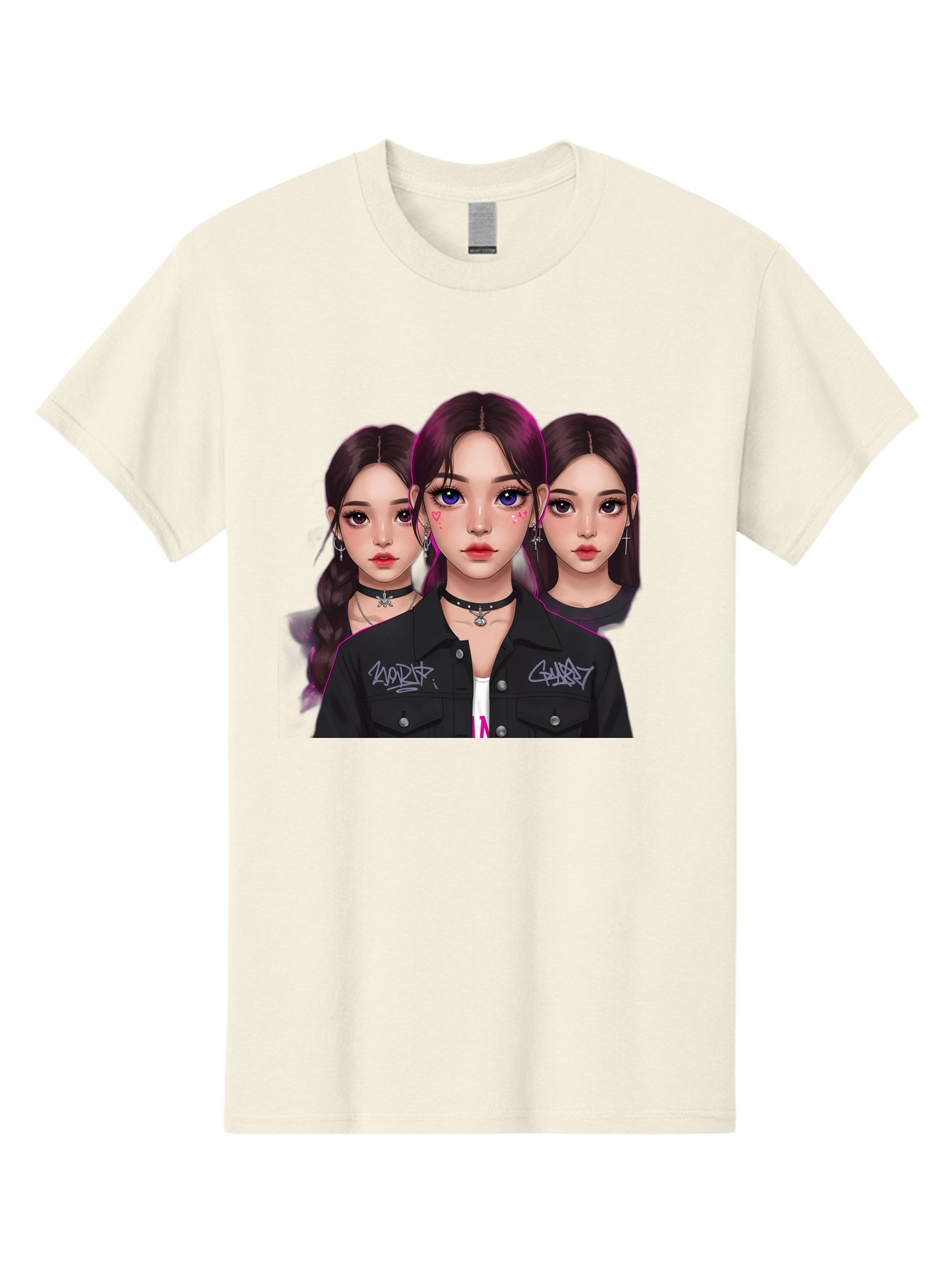 Three-Faced-Woman-Portrait Men'S Graphic Tee, 100% Cotton, Comfortable Casual Summer Wear, Machine Washable, K-Pop Idols, Fashion Style, Edgy Look, Dark Hair, Bold Makeup, Choker Necklaces, Graffiti Jacket, Girl Power, Korean Pop Culture Bac515