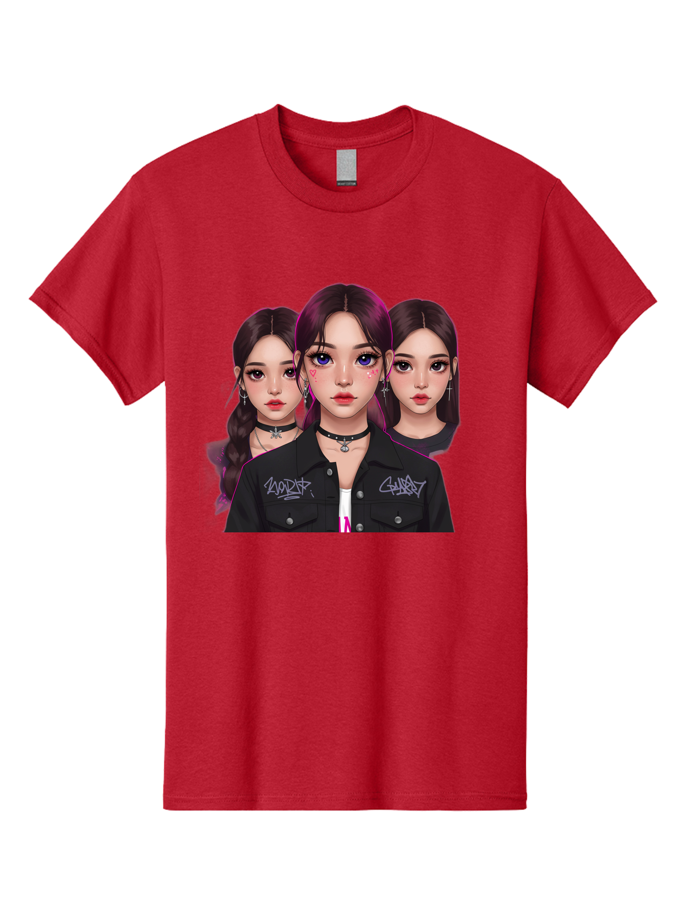 Three-Faced-Woman-Portrait Men'S Graphic Tee, 100% Cotton, Comfortable Casual Summer Wear, Machine Washable, K-Pop Idols, Fashion Style, Edgy Look, Dark Hair, Bold Makeup, Choker Necklaces, Graffiti Jacket, Girl Power, Korean Pop Culture Bac515