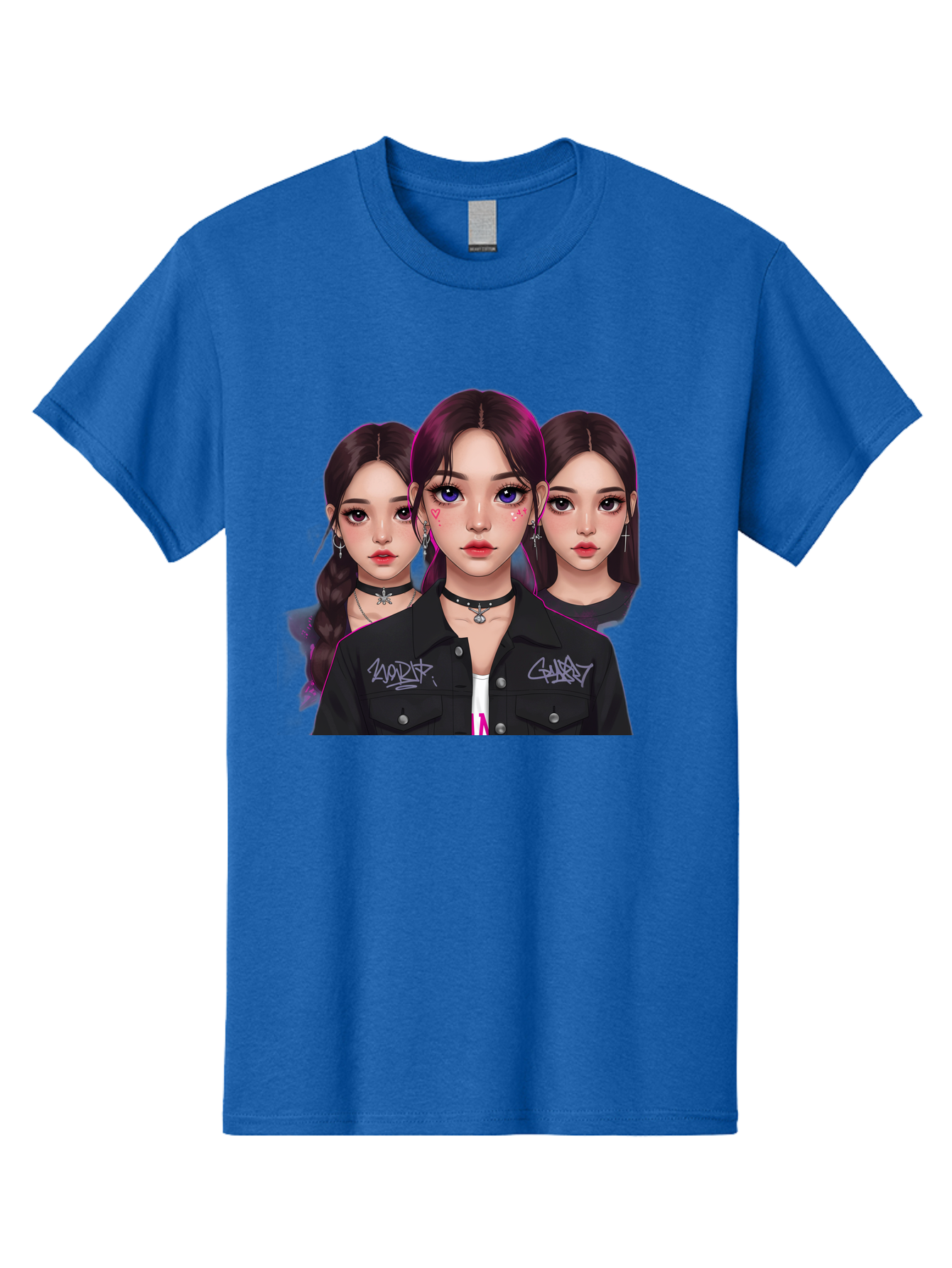 Three-Faced-Woman-Portrait Men'S Graphic Tee, 100% Cotton, Comfortable Casual Summer Wear, Machine Washable, K-Pop Idols, Fashion Style, Edgy Look, Dark Hair, Bold Makeup, Choker Necklaces, Graffiti Jacket, Girl Power, Korean Pop Culture Bac515
