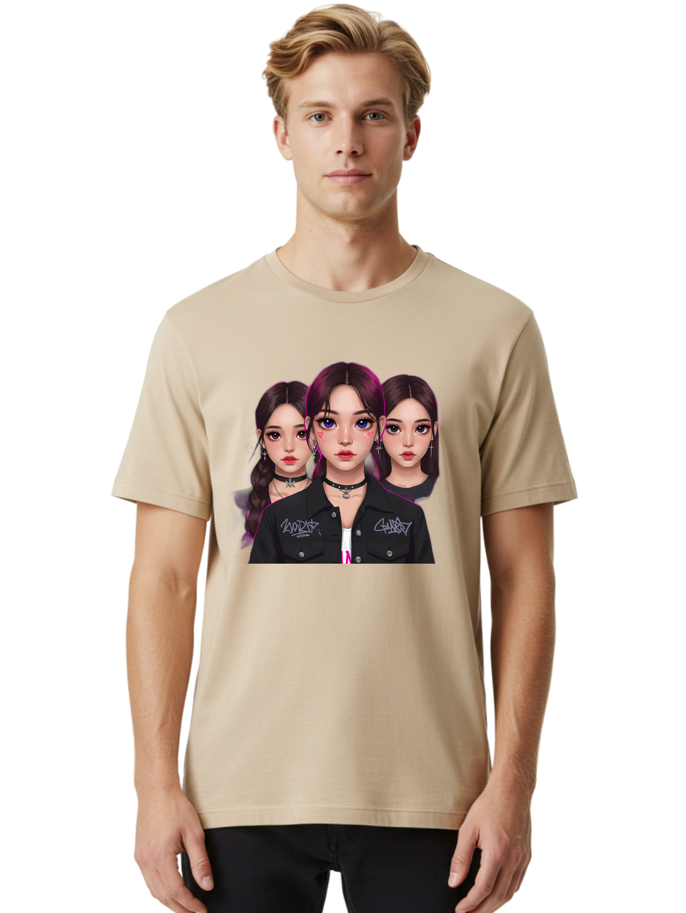Three-Faced-Woman-Portrait Men'S Graphic Tee, 100% Cotton, Comfortable Casual Summer Wear, Machine Washable, K-Pop Idols, Fashion Style, Edgy Look, Dark Hair, Bold Makeup, Choker Necklaces, Graffiti Jacket, Girl Power, Korean Pop Culture Bac515