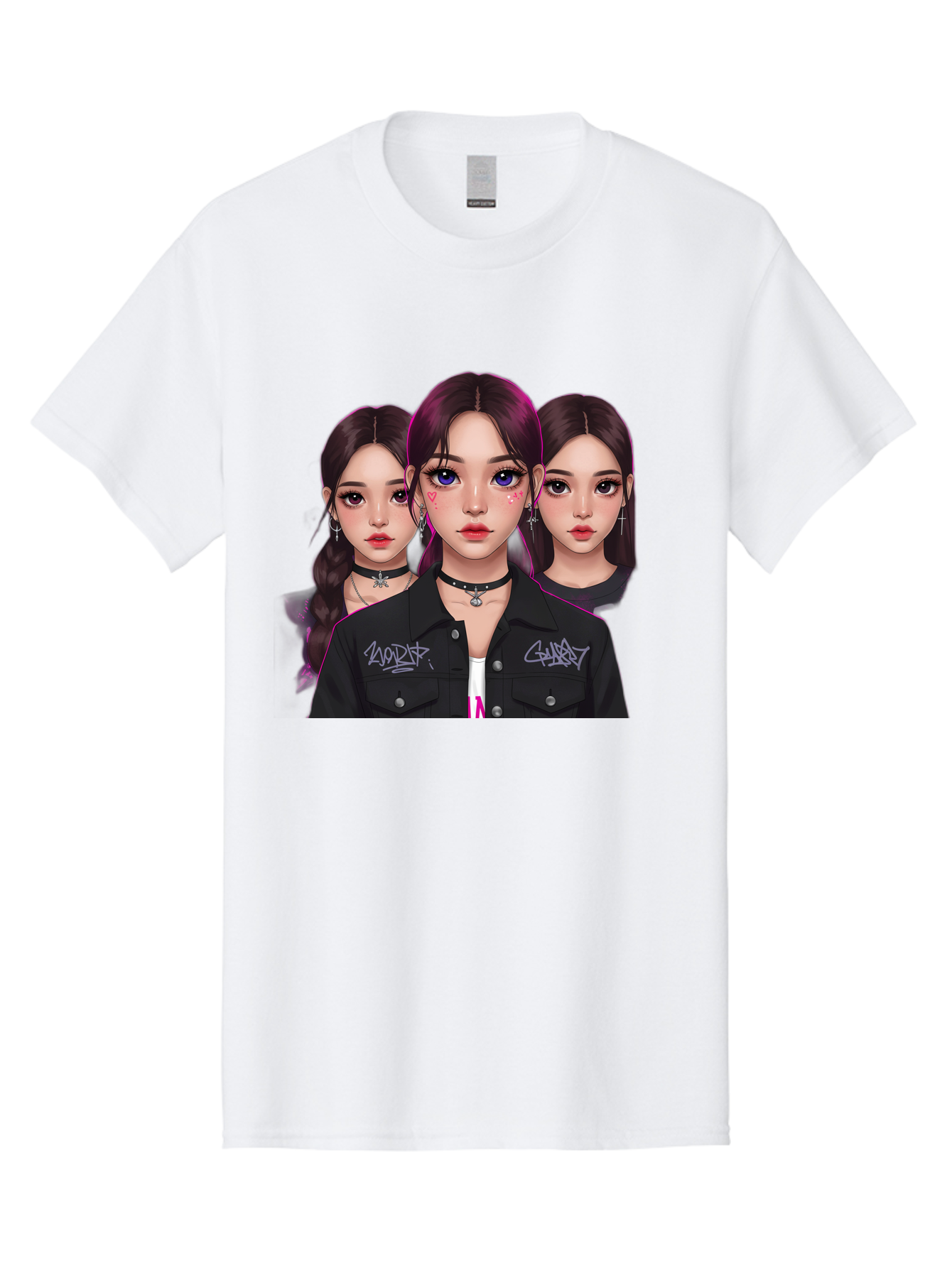 Three-Faced-Woman-Portrait Men'S Graphic Tee, 100% Cotton, Comfortable Casual Summer Wear, Machine Washable, K-Pop Idols, Fashion Style, Edgy Look, Dark Hair, Bold Makeup, Choker Necklaces, Graffiti Jacket, Girl Power, Korean Pop Culture Bac515