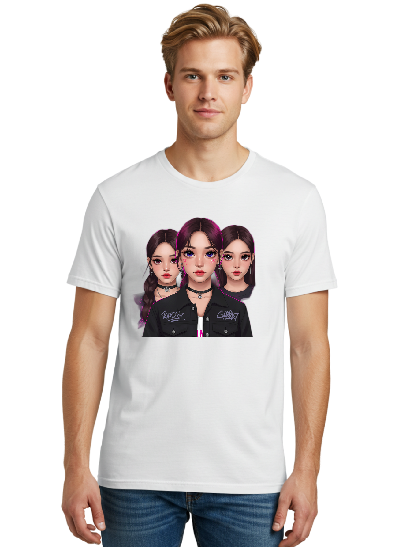 Three-Faced-Woman-Portrait Men'S Graphic Tee, 100% Cotton, Comfortable Casual Summer Wear, Machine Washable, K-Pop Idols, Fashion Style, Edgy Look, Dark Hair, Bold Makeup, Choker Necklaces, Graffiti Jacket, Girl Power, Korean Pop Culture Bac515