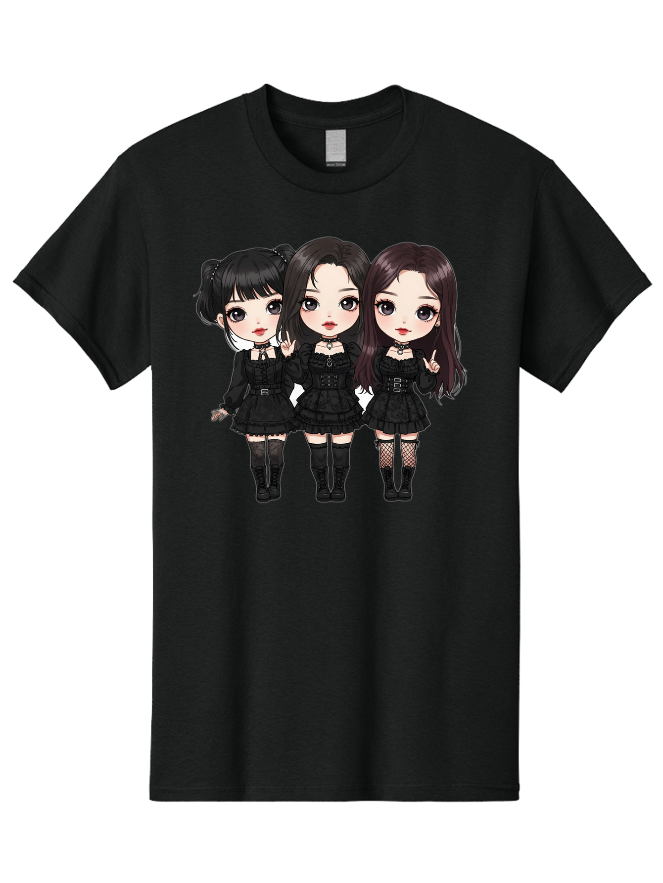 Three-Girls-In-Black-Dresses Men'S Graphic Tee, 100% Cotton, Comfortable Casual Summer Wear, Machine Washable, Gothic Cartoon Girls, Anime Style, Black Dresses, Fishnet Tights, Cartoon Characters, Fashionable Outfits, Chibi Art Bac516