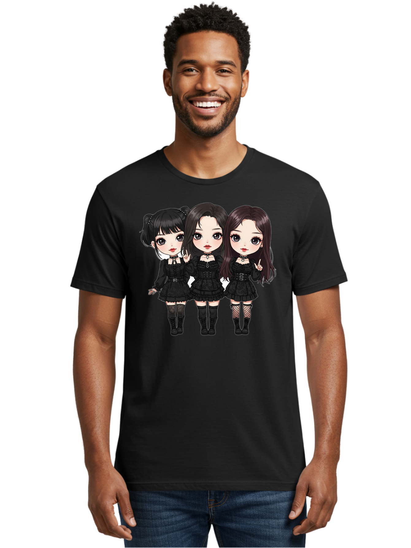 Three-Girls-In-Black-Dresses Men'S Graphic Tee, 100% Cotton, Comfortable Casual Summer Wear, Machine Washable, Gothic Cartoon Girls, Anime Style, Black Dresses, Fishnet Tights, Cartoon Characters, Fashionable Outfits, Chibi Art Bac516
