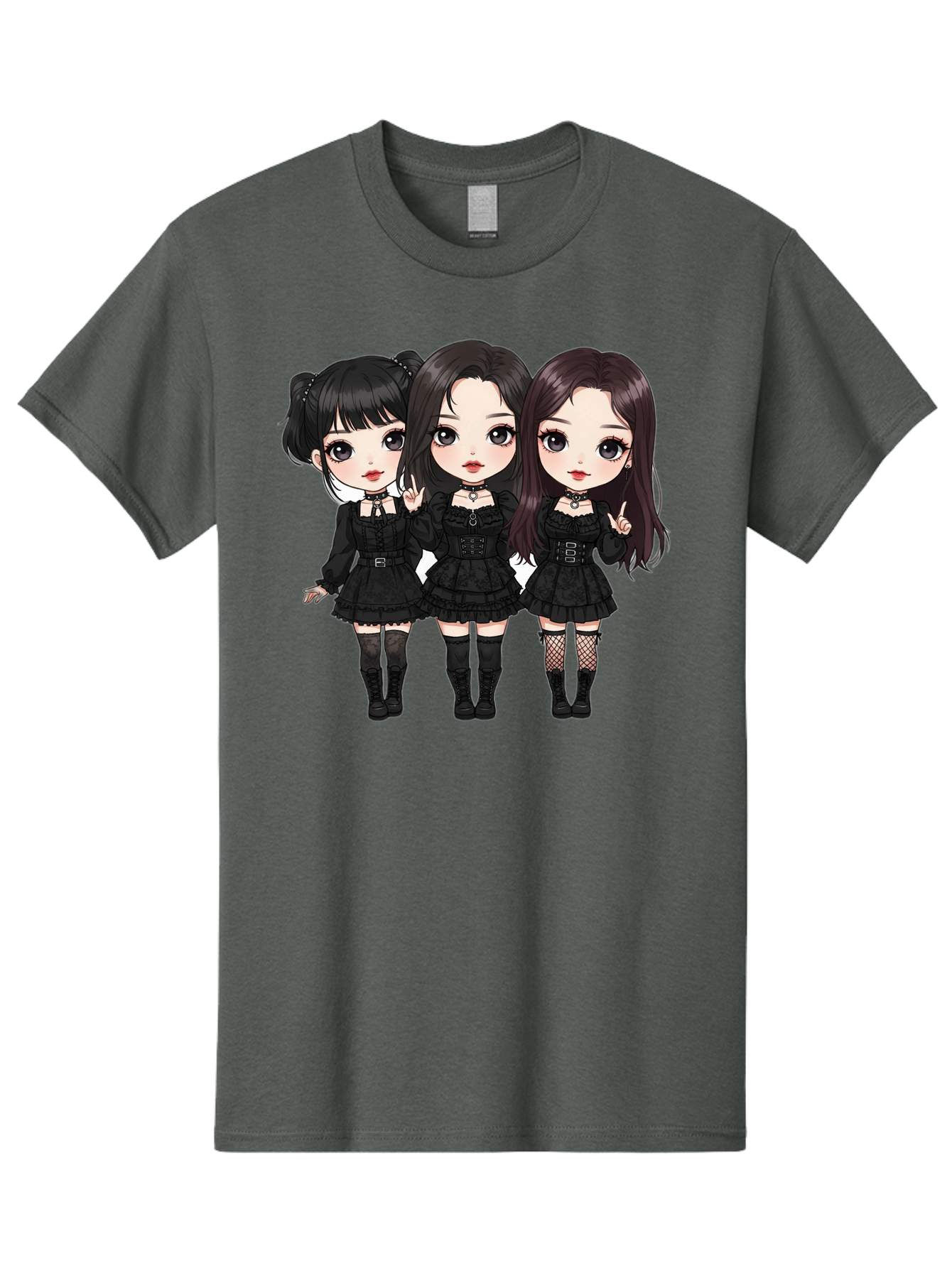 Three-Girls-In-Black-Dresses Men'S Graphic Tee, 100% Cotton, Comfortable Casual Summer Wear, Machine Washable, Gothic Cartoon Girls, Anime Style, Black Dresses, Fishnet Tights, Cartoon Characters, Fashionable Outfits, Chibi Art Bac516