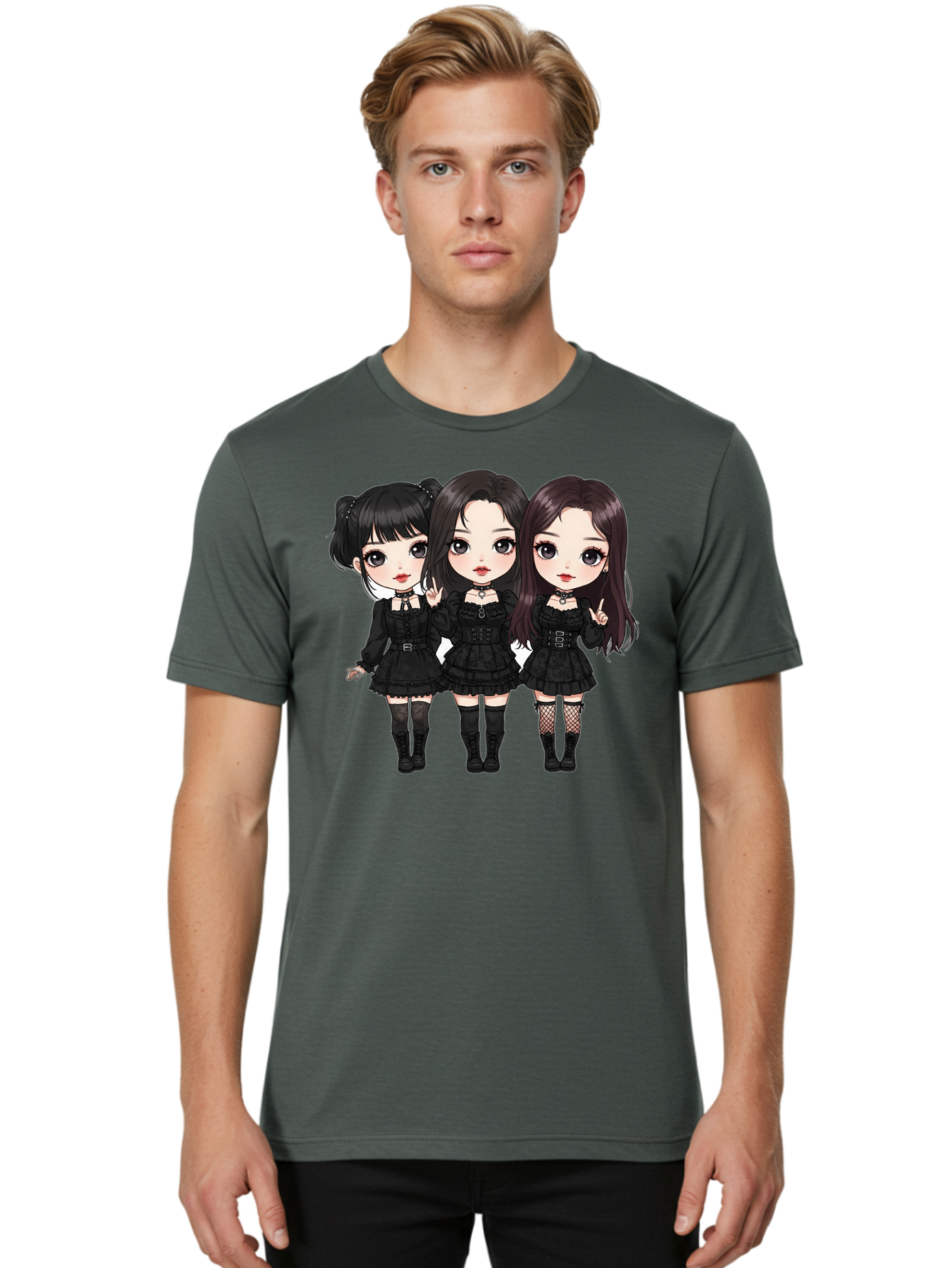 Three-Girls-In-Black-Dresses Men'S Graphic Tee, 100% Cotton, Comfortable Casual Summer Wear, Machine Washable, Gothic Cartoon Girls, Anime Style, Black Dresses, Fishnet Tights, Cartoon Characters, Fashionable Outfits, Chibi Art Bac516