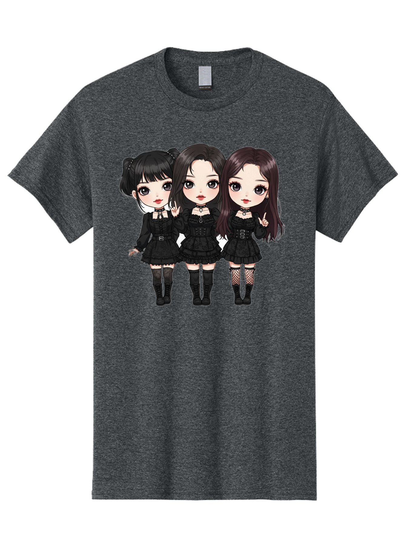 Three-Girls-In-Black-Dresses Men'S Graphic Tee, 100% Cotton, Comfortable Casual Summer Wear, Machine Washable, Gothic Cartoon Girls, Anime Style, Black Dresses, Fishnet Tights, Cartoon Characters, Fashionable Outfits, Chibi Art Bac516