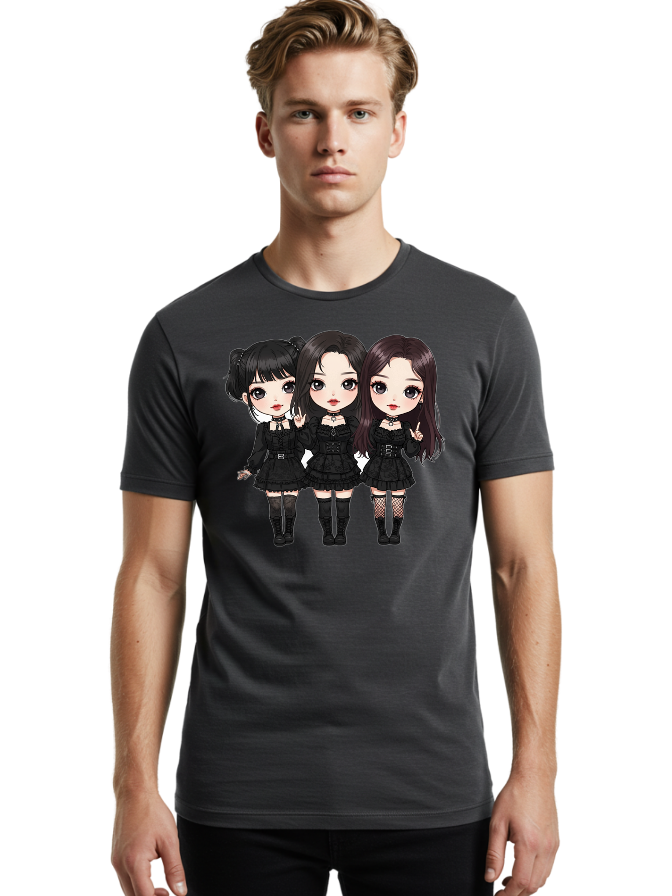 Three-Girls-In-Black-Dresses Men'S Graphic Tee, 100% Cotton, Comfortable Casual Summer Wear, Machine Washable, Gothic Cartoon Girls, Anime Style, Black Dresses, Fishnet Tights, Cartoon Characters, Fashionable Outfits, Chibi Art Bac516