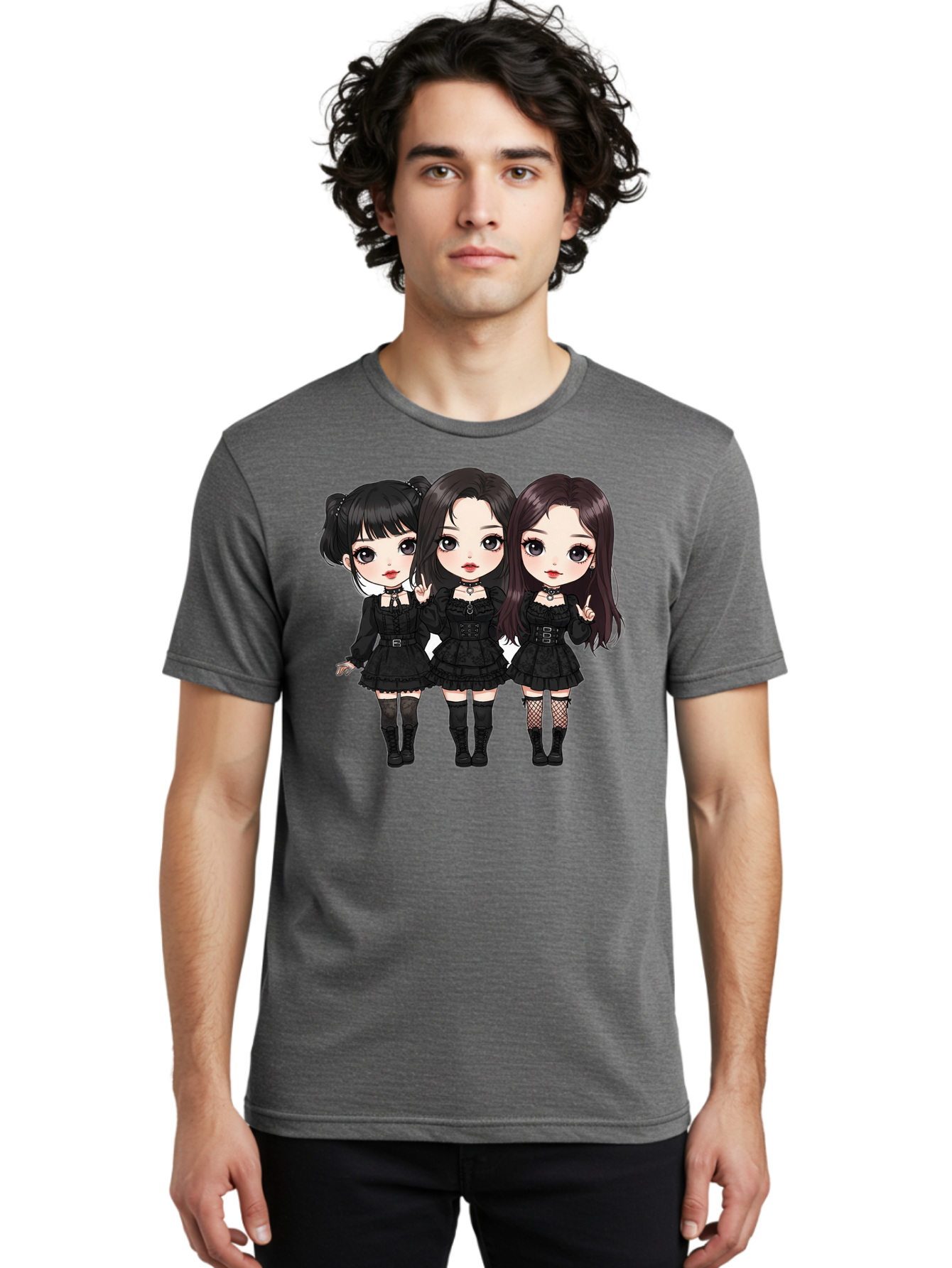 Three-Girls-In-Black-Dresses Men'S Graphic Tee, 100% Cotton, Comfortable Casual Summer Wear, Machine Washable, Gothic Cartoon Girls, Anime Style, Black Dresses, Fishnet Tights, Cartoon Characters, Fashionable Outfits, Chibi Art Bac516