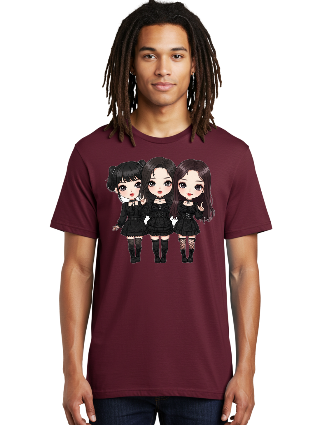 Three-Girls-In-Black-Dresses Men'S Graphic Tee, 100% Cotton, Comfortable Casual Summer Wear, Machine Washable, Gothic Cartoon Girls, Anime Style, Black Dresses, Fishnet Tights, Cartoon Characters, Fashionable Outfits, Chibi Art Bac516