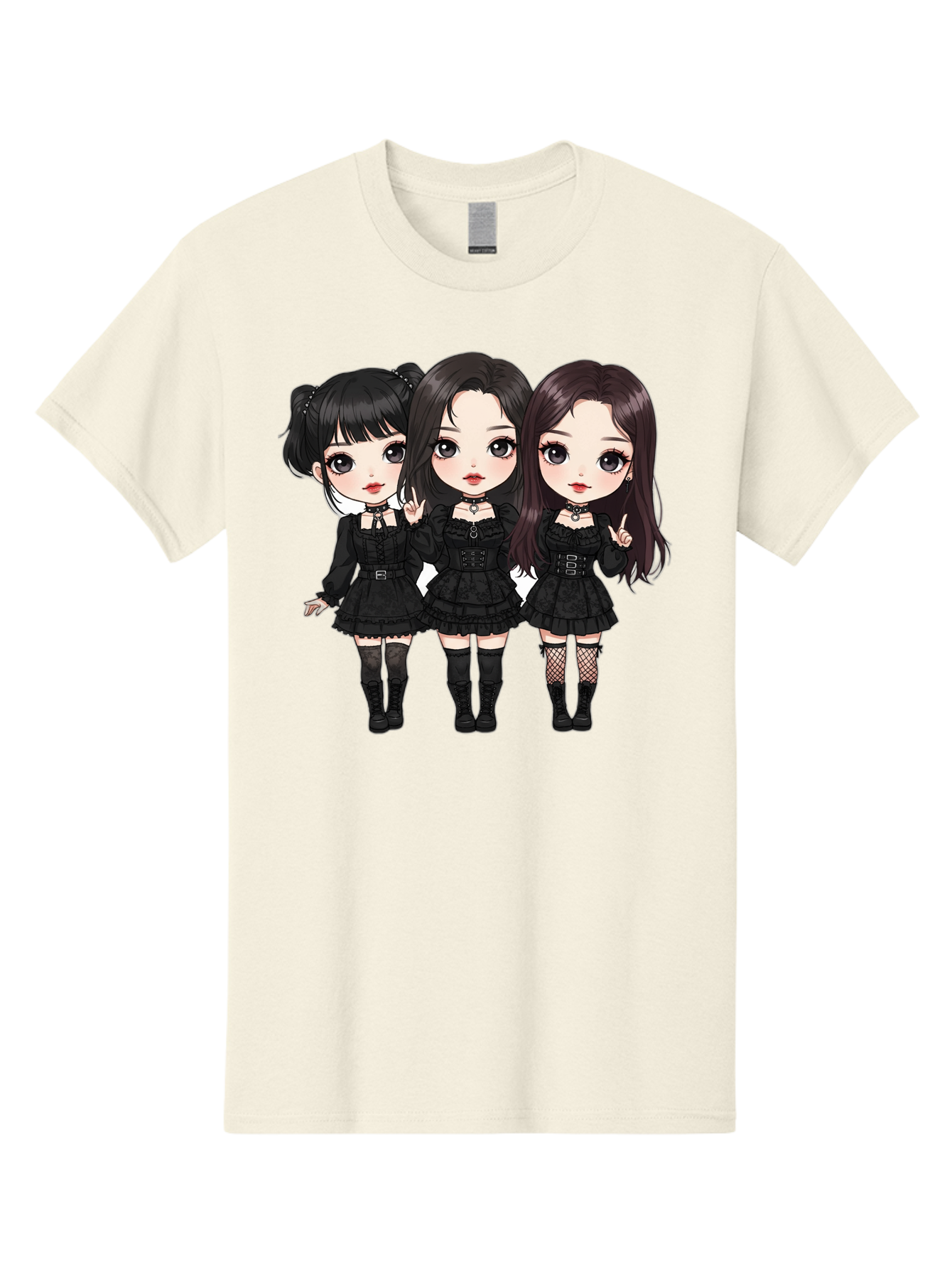 Three-Girls-In-Black-Dresses Men'S Graphic Tee, 100% Cotton, Comfortable Casual Summer Wear, Machine Washable, Gothic Cartoon Girls, Anime Style, Black Dresses, Fishnet Tights, Cartoon Characters, Fashionable Outfits, Chibi Art Bac516