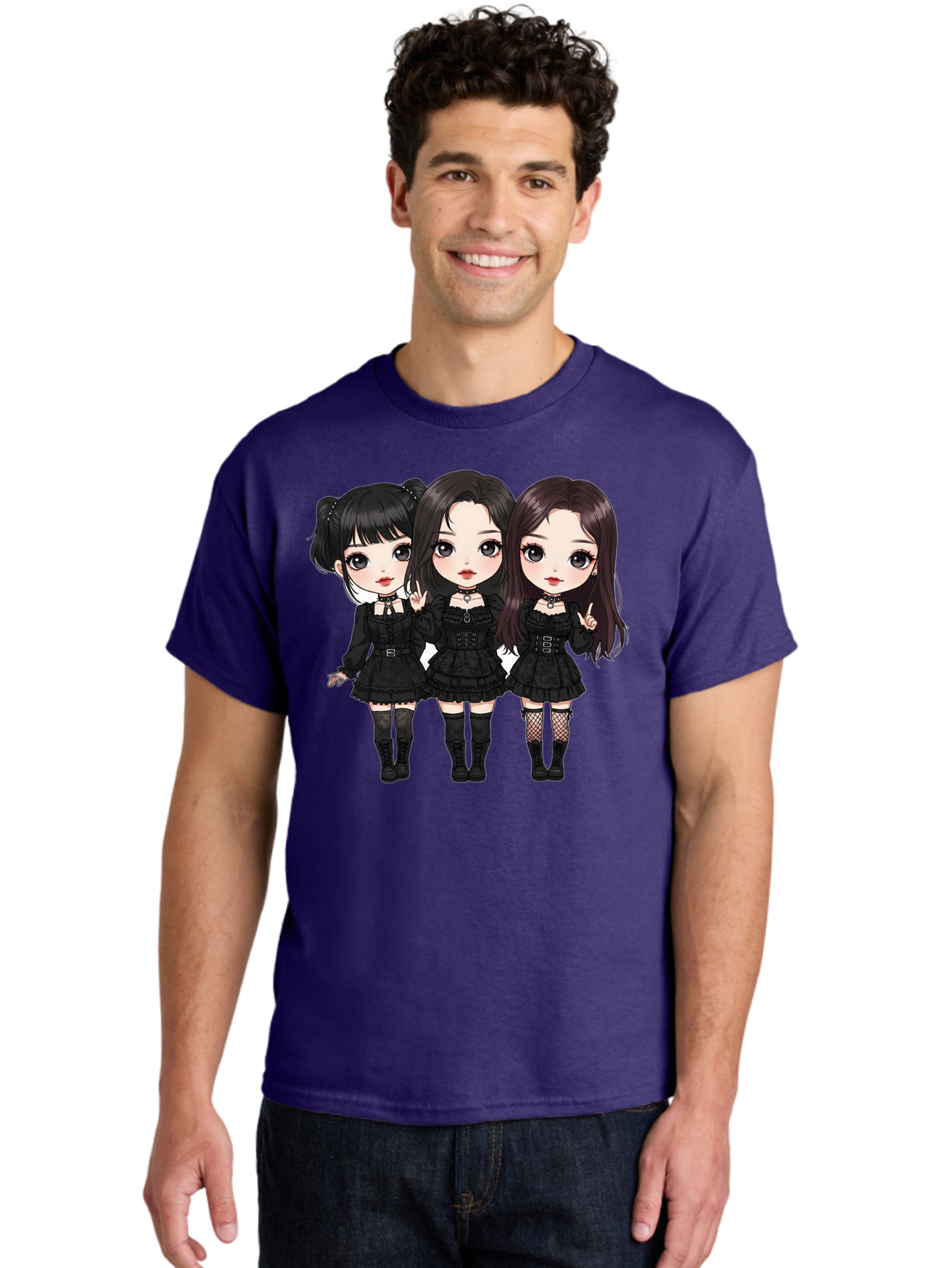 Three-Girls-In-Black-Dresses Men'S Graphic Tee, 100% Cotton, Comfortable Casual Summer Wear, Machine Washable, Gothic Cartoon Girls, Anime Style, Black Dresses, Fishnet Tights, Cartoon Characters, Fashionable Outfits, Chibi Art Bac516