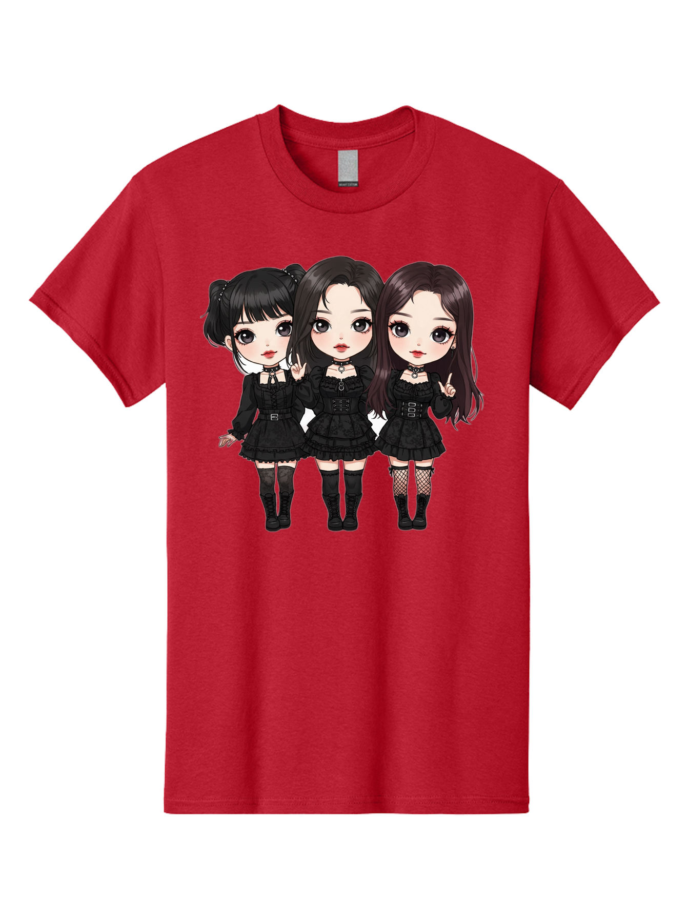 Three-Girls-In-Black-Dresses Men'S Graphic Tee, 100% Cotton, Comfortable Casual Summer Wear, Machine Washable, Gothic Cartoon Girls, Anime Style, Black Dresses, Fishnet Tights, Cartoon Characters, Fashionable Outfits, Chibi Art Bac516