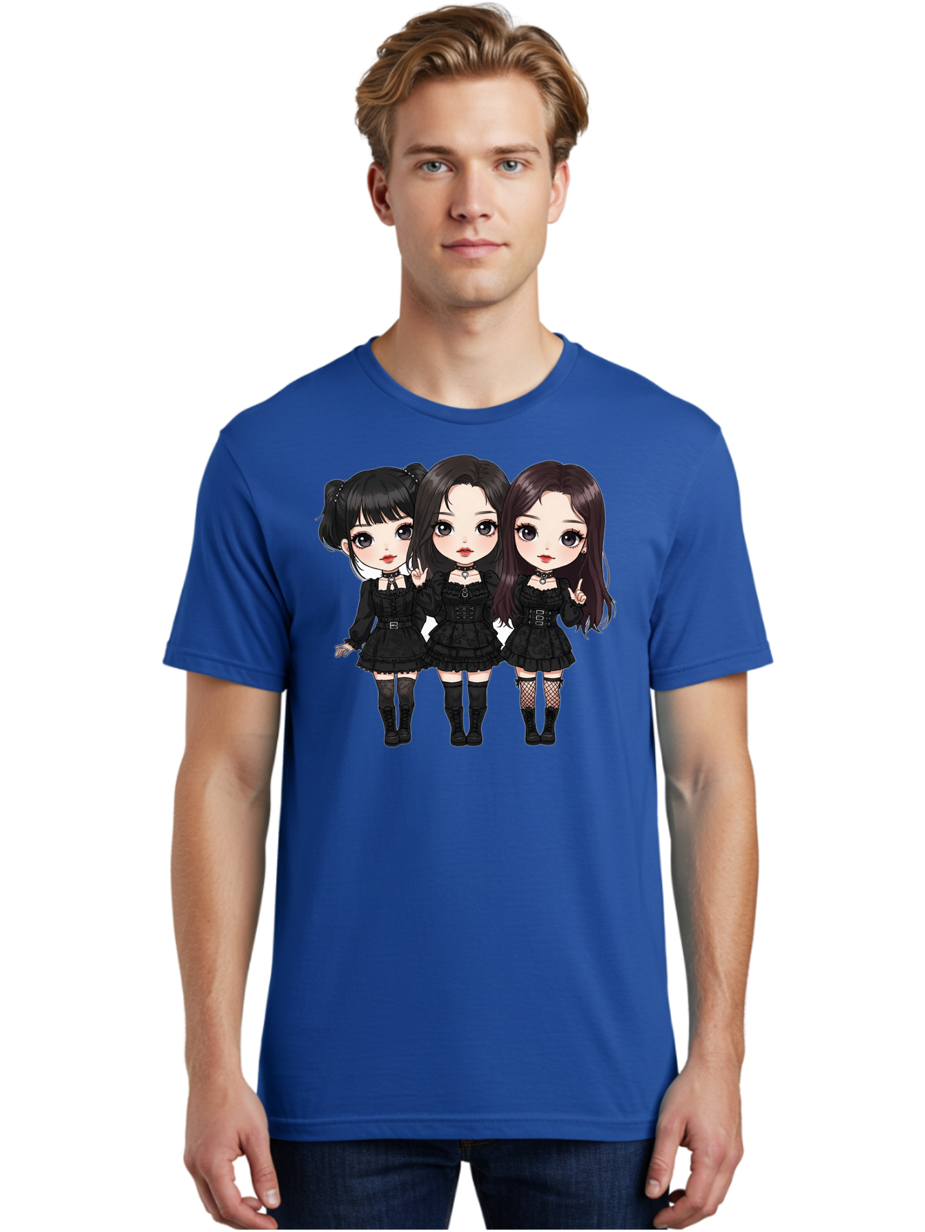 Three-Girls-In-Black-Dresses Men'S Graphic Tee, 100% Cotton, Comfortable Casual Summer Wear, Machine Washable, Gothic Cartoon Girls, Anime Style, Black Dresses, Fishnet Tights, Cartoon Characters, Fashionable Outfits, Chibi Art Bac516