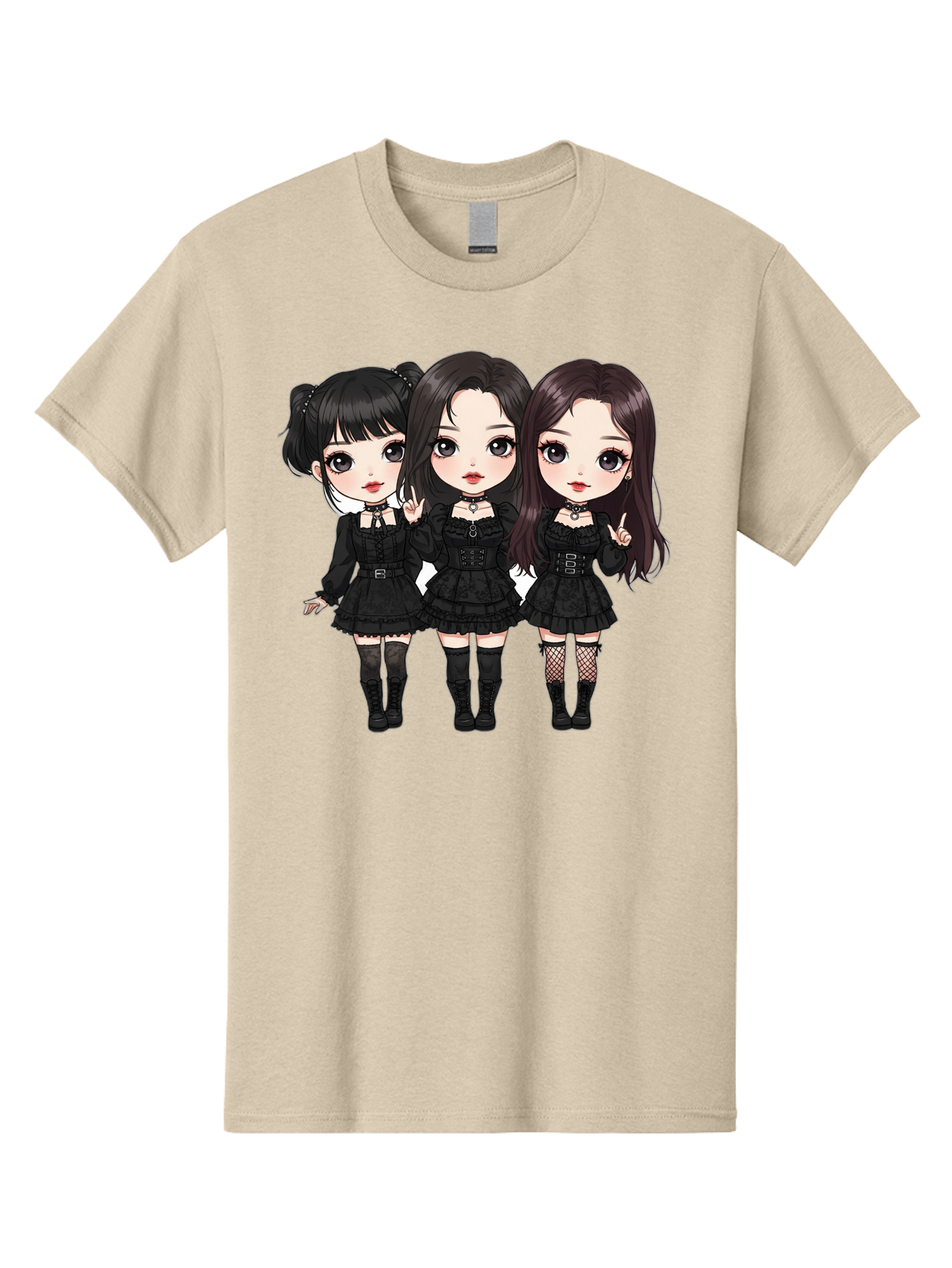 Three-Girls-In-Black-Dresses Men'S Graphic Tee, 100% Cotton, Comfortable Casual Summer Wear, Machine Washable, Gothic Cartoon Girls, Anime Style, Black Dresses, Fishnet Tights, Cartoon Characters, Fashionable Outfits, Chibi Art Bac516