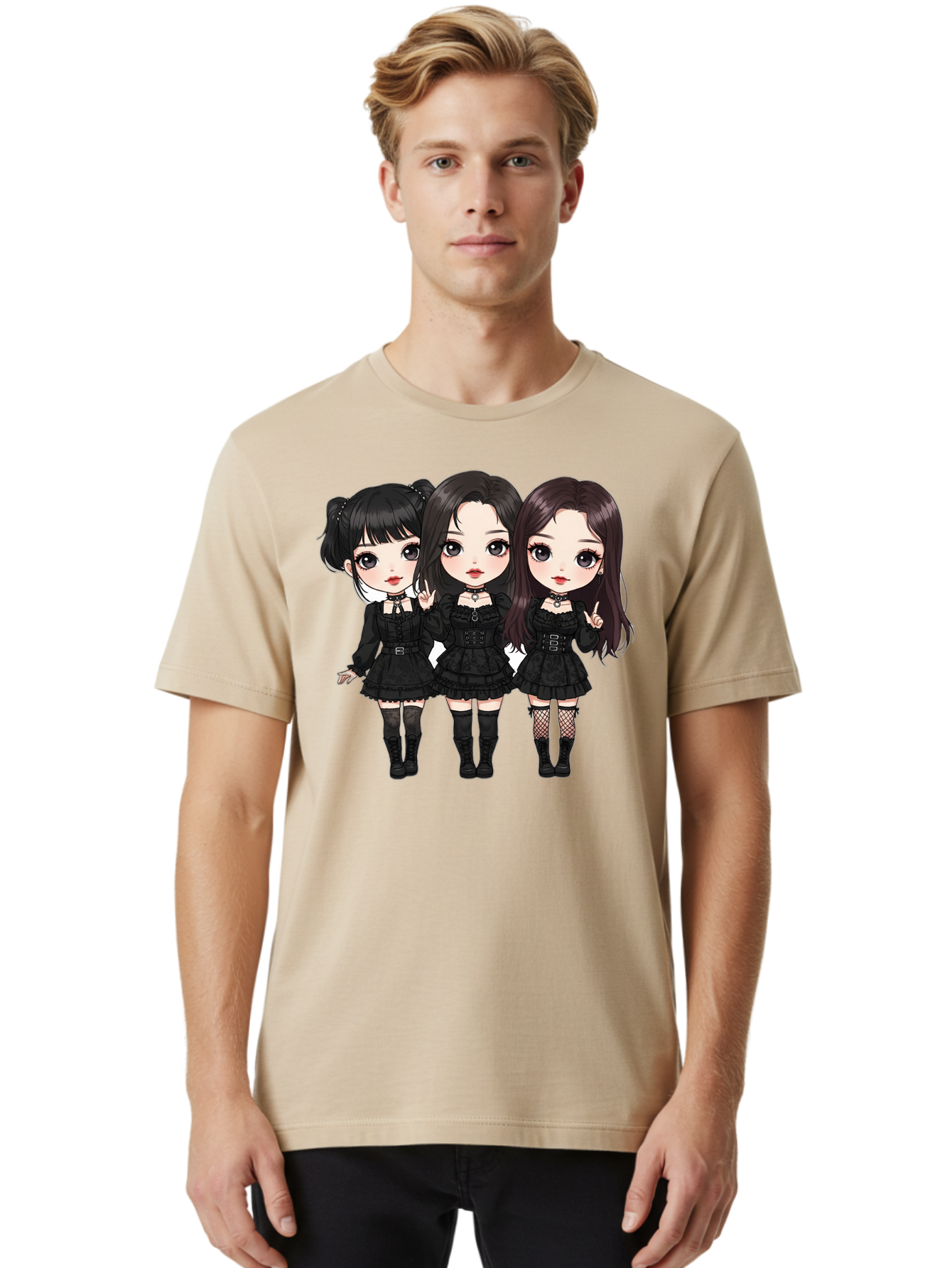 Three-Girls-In-Black-Dresses Men'S Graphic Tee, 100% Cotton, Comfortable Casual Summer Wear, Machine Washable, Gothic Cartoon Girls, Anime Style, Black Dresses, Fishnet Tights, Cartoon Characters, Fashionable Outfits, Chibi Art Bac516