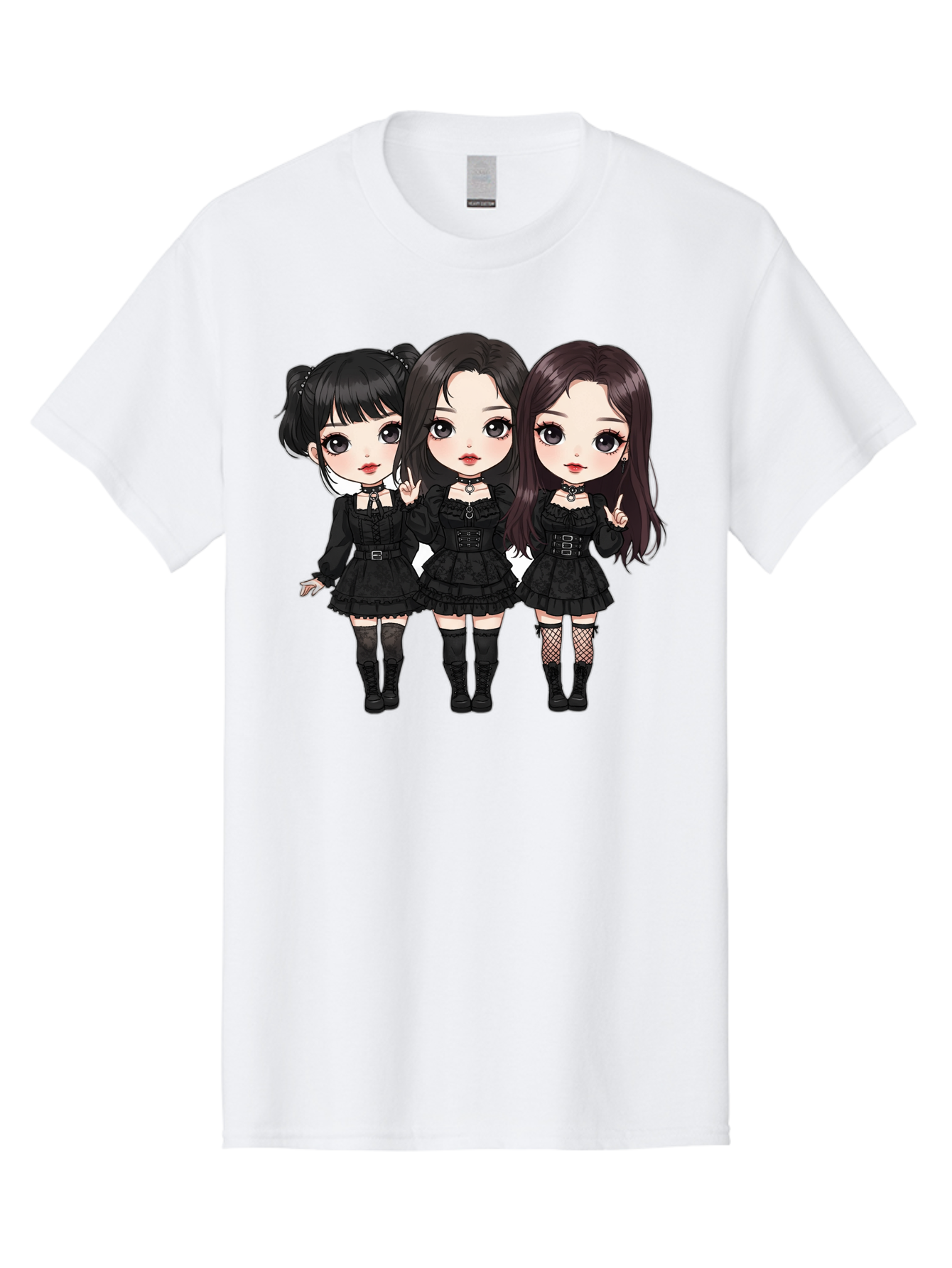 Three-Girls-In-Black-Dresses Men'S Graphic Tee, 100% Cotton, Comfortable Casual Summer Wear, Machine Washable, Gothic Cartoon Girls, Anime Style, Black Dresses, Fishnet Tights, Cartoon Characters, Fashionable Outfits, Chibi Art Bac516