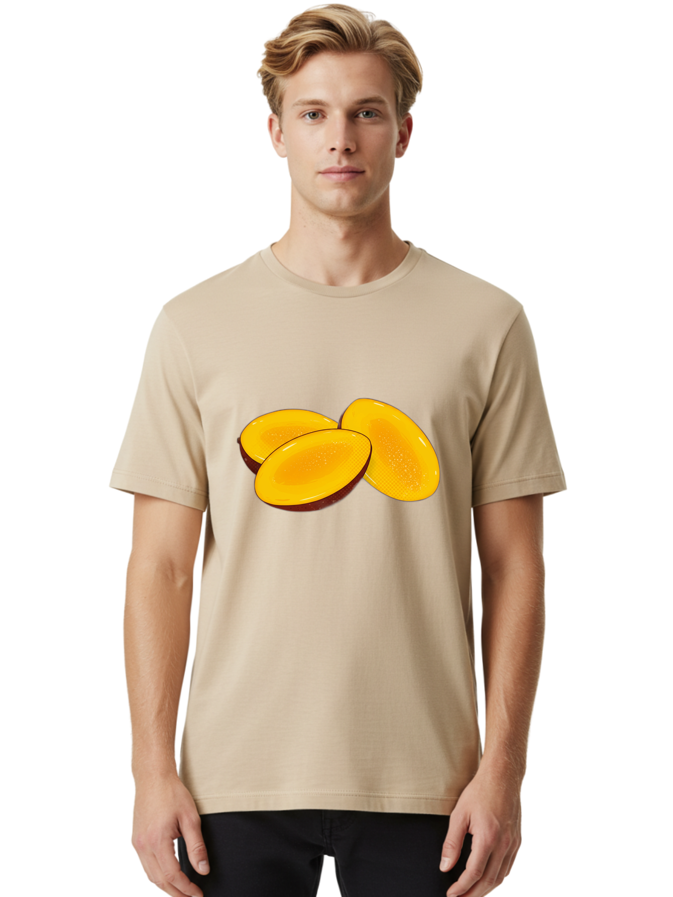 Three-Mango-Slices Men'S Graphic Tee, 100% Cotton, Comfortable Casual Summer Wear, Machine Washable, Mango Slices, Tropical Fruit, Yellow Fruit, Fruit Illustration, Sliced Mango, Healthy Snack, Vibrant Yellow, Fresh Fruit Bac517