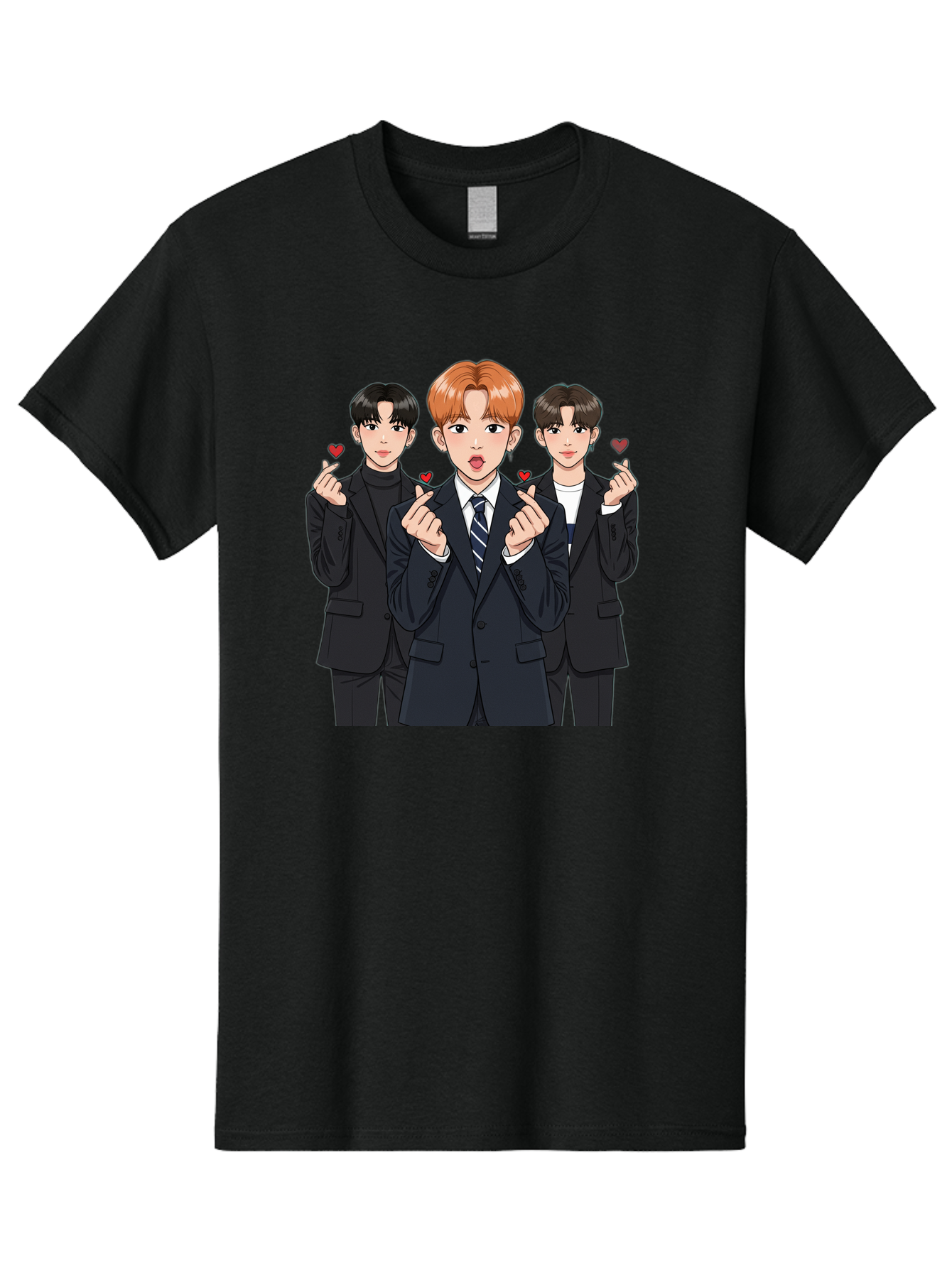 Three-Men-In-Suits-With-Hearts Men'S Graphic Tee, 100% Cotton, Comfortable Casual Summer Wear, Machine Washable, Young Men In Suits, Kpop Idols, Cartoon Style, Heart Gestures, Fashionable Clothing, Modern Boys, Stylish Outfits, Group Portrait, Bac518