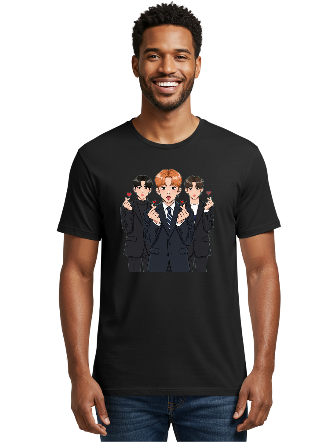 Three-Men-In-Suits-With-Hearts Men'S Graphic Tee, 100% Cotton, Comfortable Casual Summer Wear, Machine Washable, Young Men In Suits, Kpop Idols, Cartoon Style, Heart Gestures, Fashionable Clothing, Modern Boys, Stylish Outfits, Group Portrait, Bac518